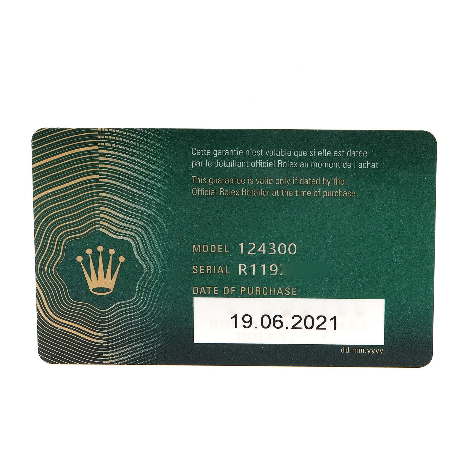 This image shows a warranty card for a Rolex Oyster Perpetual 124300 Men's Stainless Steel Black Dial 124300 Men's Stainless Steel Black Dial model 124300, dated 19 June 2021.