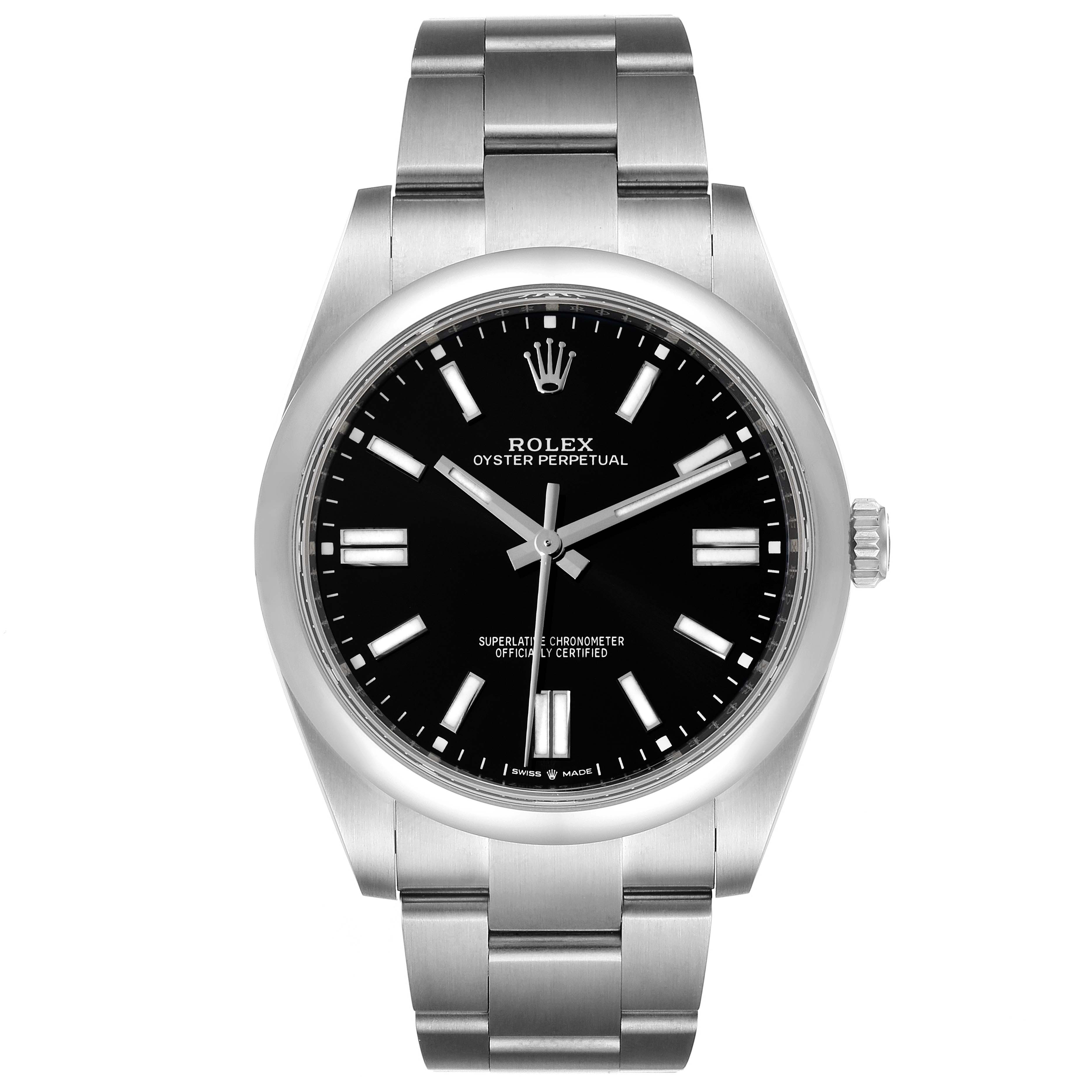 This image shows the front view of a Rolex Oyster Perpetual 124300 Men's Stainless Steel Black Dial 124300 Men's Stainless Steel Black Dial watch, displaying its face, hands, and bracelet.