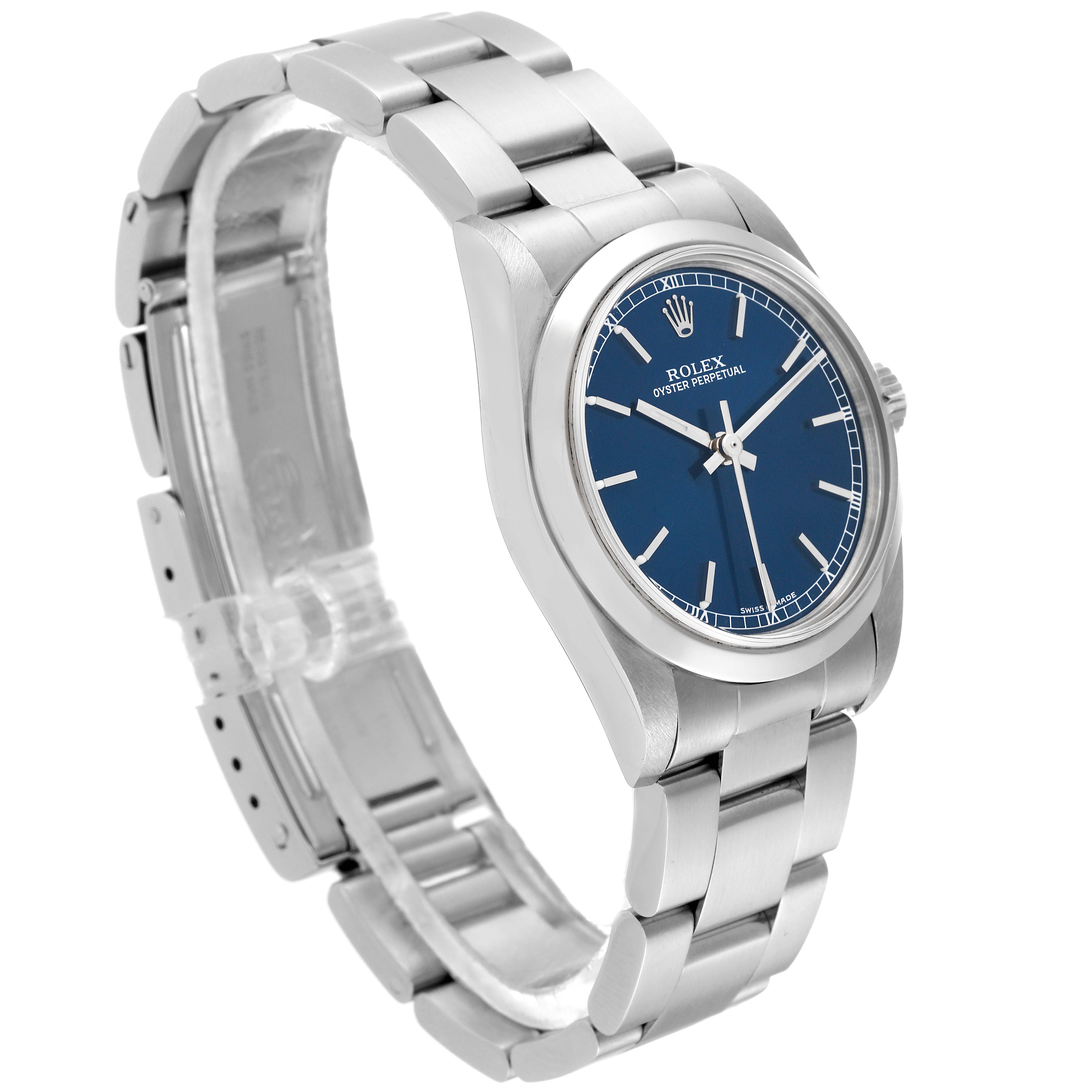 The image shows a Rolex Mid-Size 77080 Women's Stainless Steel Blue Dial 77080 Women's Stainless Steel Blue Dial model from a side angle, featuring the blue dial, stainless steel bracelet, and clasp.