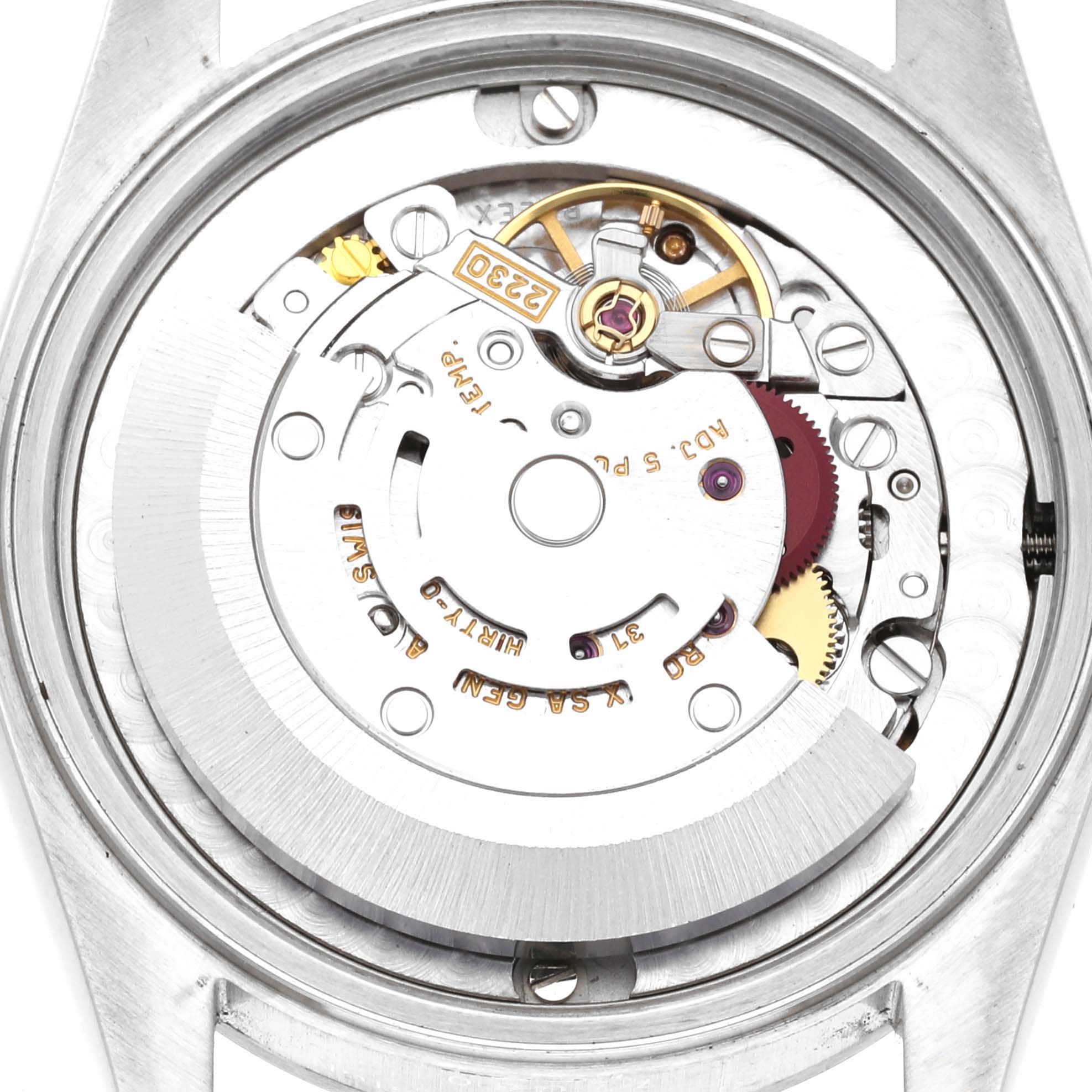 The image shows the internal mechanism of a Rolex Mid-Size 77080 Women's Stainless Steel Blue Dial 77080 Women's Stainless Steel Blue Dial model watch viewed from the back.