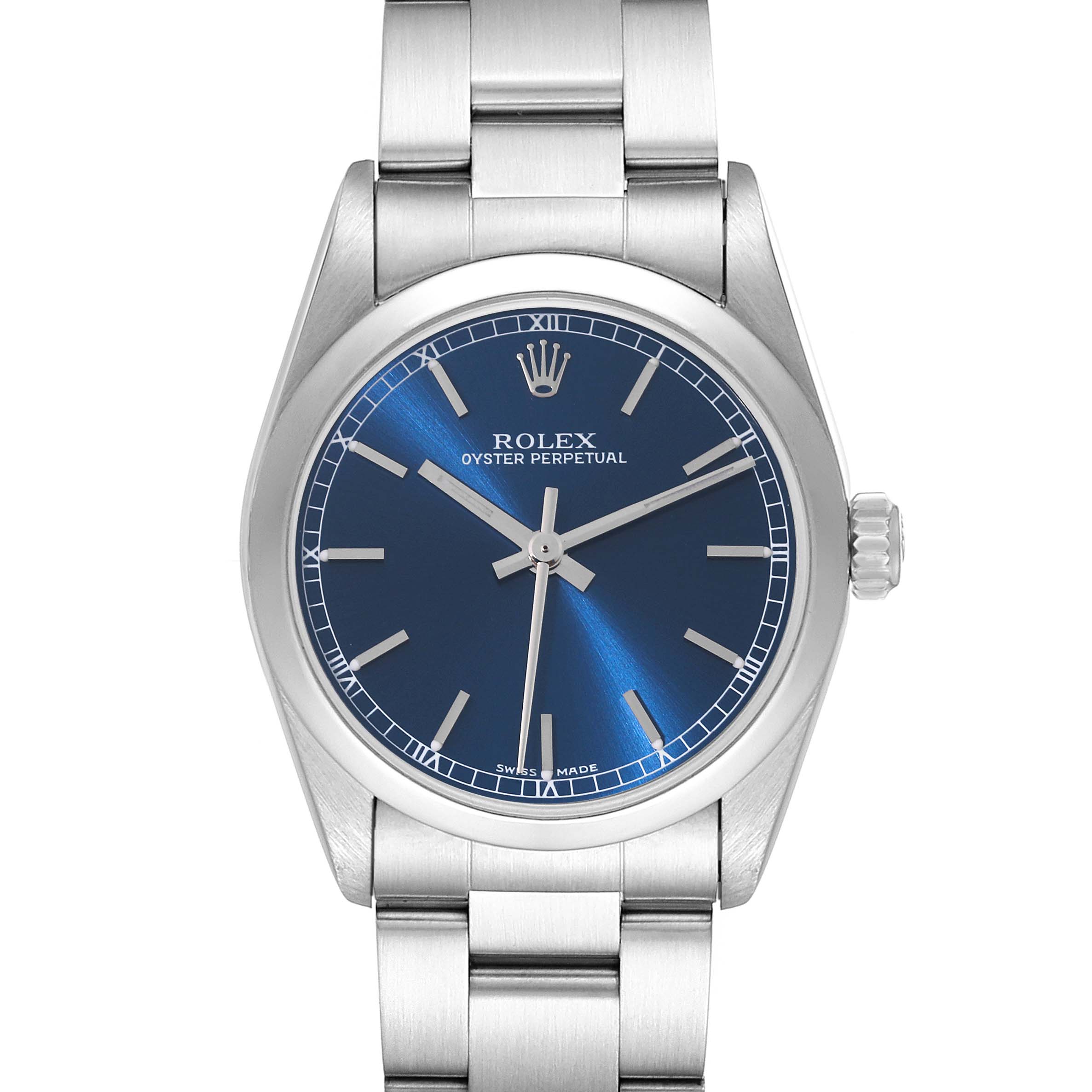 The image shows a front view of a Rolex Oyster Perpetual Mid-Size watch, highlighting its blue dial and stainless steel bracelet.