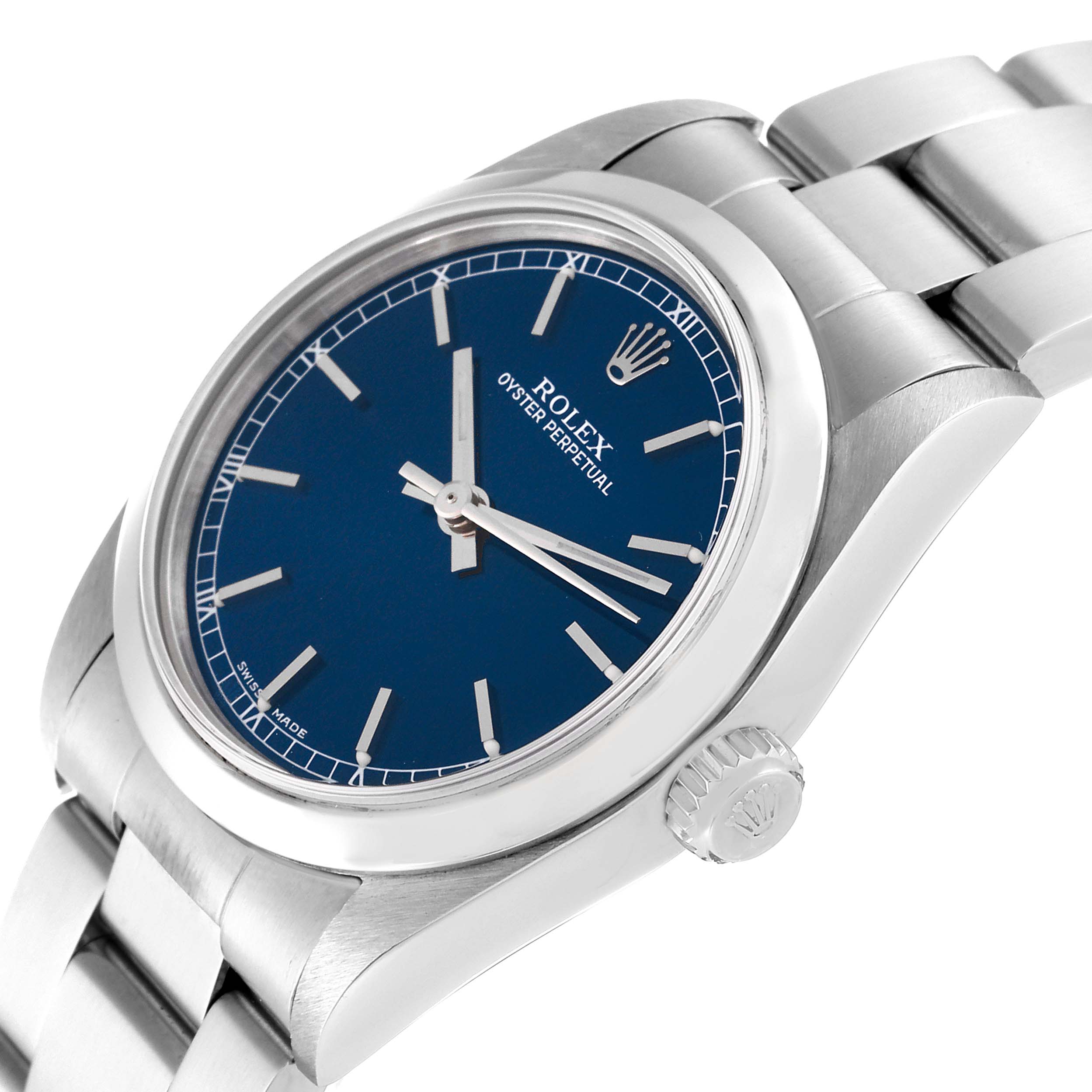 The Rolex Mid-Size 77080 Women's Stainless Steel Blue Dial 77080 Women's Stainless Steel Blue Dial watch is shown at an angled side view, displaying its blue dial, silver hands, and stainless steel bracelet.