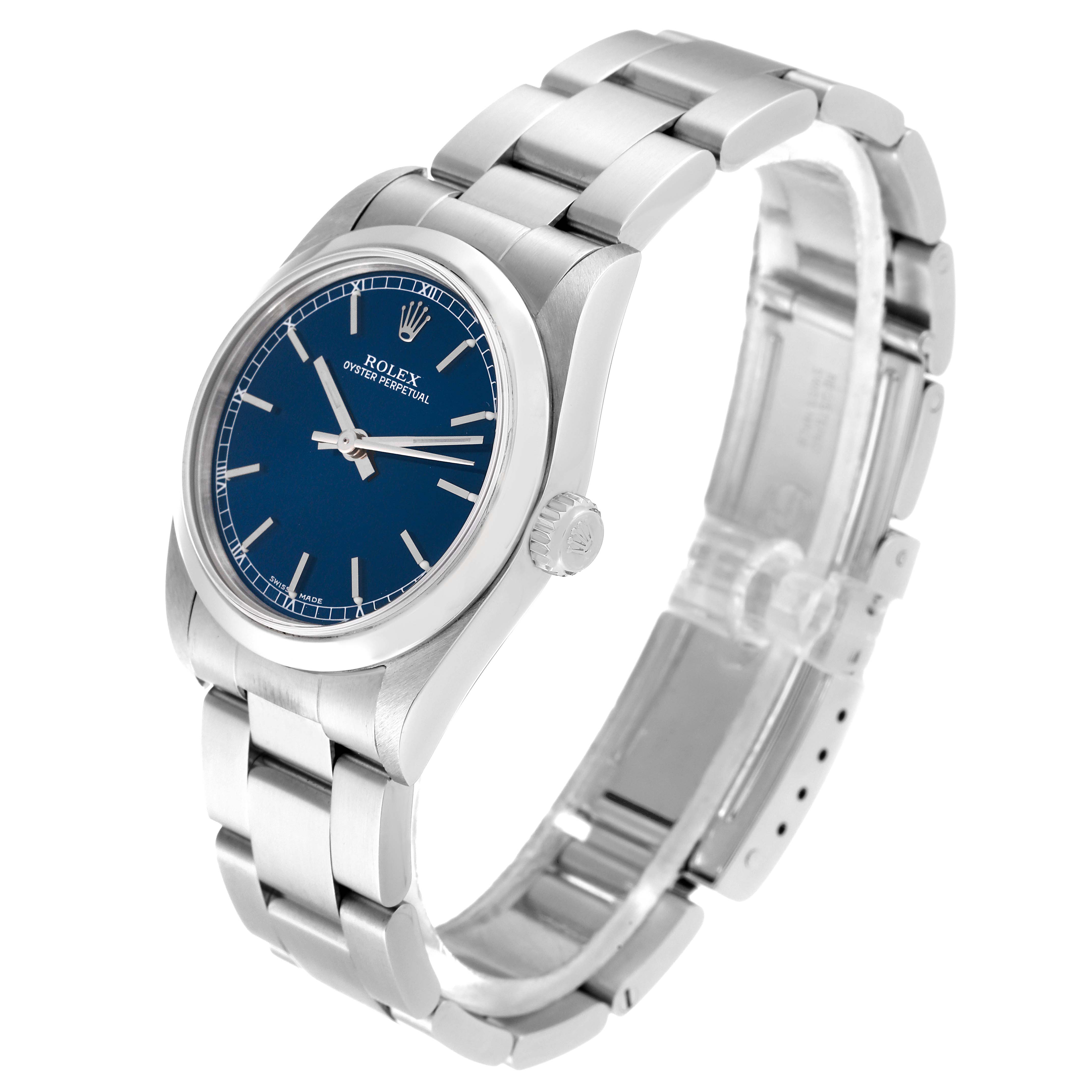 The image shows a side angle of a Rolex Mid-Size 77080 Women's Stainless Steel Blue Dial 77080 Women's Stainless Steel Blue Dial Oyster Perpetual watch, displaying its blue dial, case, bracelet, and clasp.