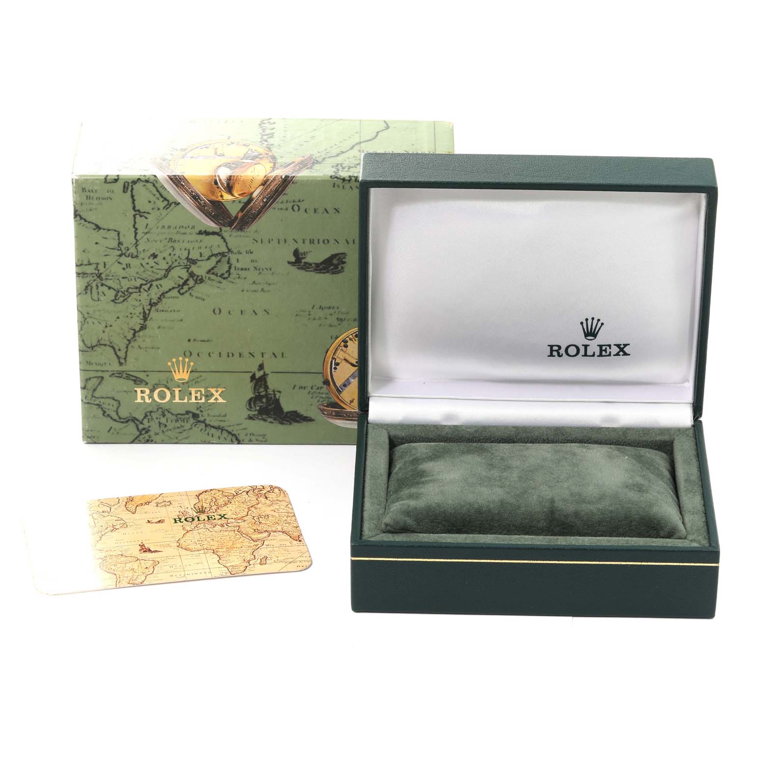 The image shows a Rolex Mid-Size 77080 Women's Stainless Steel Blue Dial 77080 Women's Stainless Steel Blue Dial model watch box, an outer box with a map design, and a card, viewed from the front.