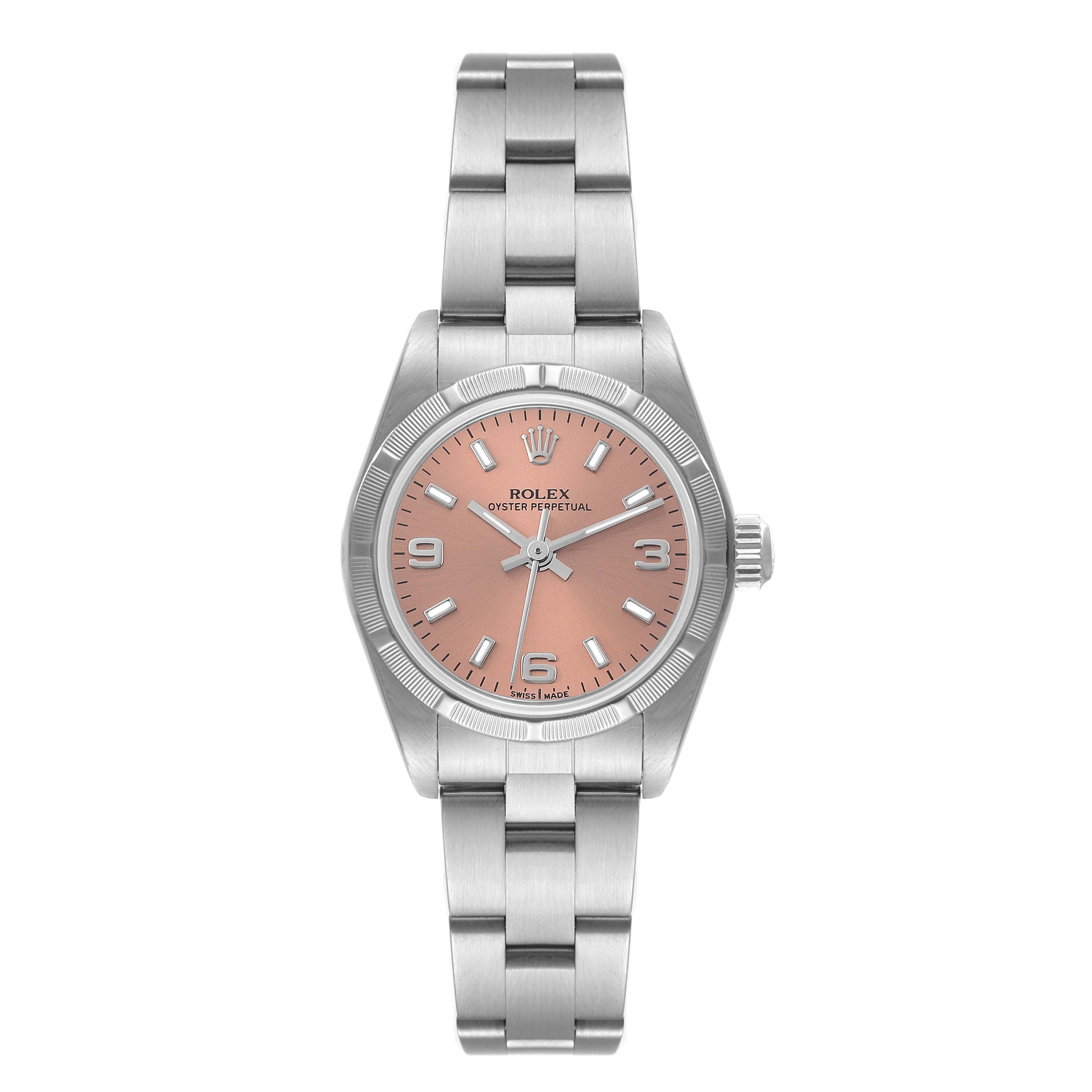 This image shows a front view of a Rolex Datejust 76030 Women's Stainless Steel Pink Dial 76030 Women's Stainless Steel Pink Dial watch, highlighting its entire bracelet, case, and dial.