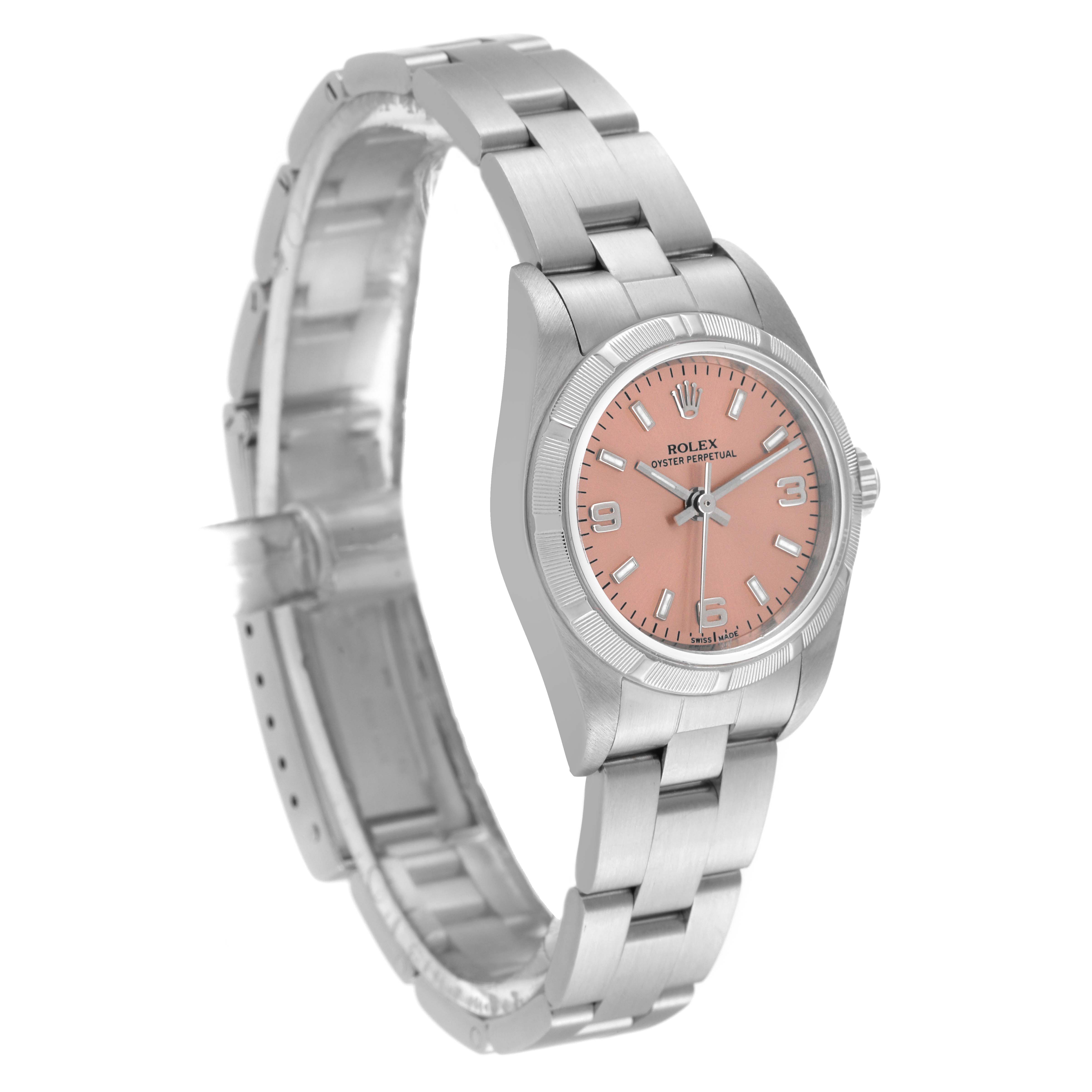 The image shows the Rolex Datejust 76030 Women's Stainless Steel Pink Dial 76030 Women's Stainless Steel Pink Dial watch from a front-side angle, highlighting its pink dial and stainless steel bracelet.