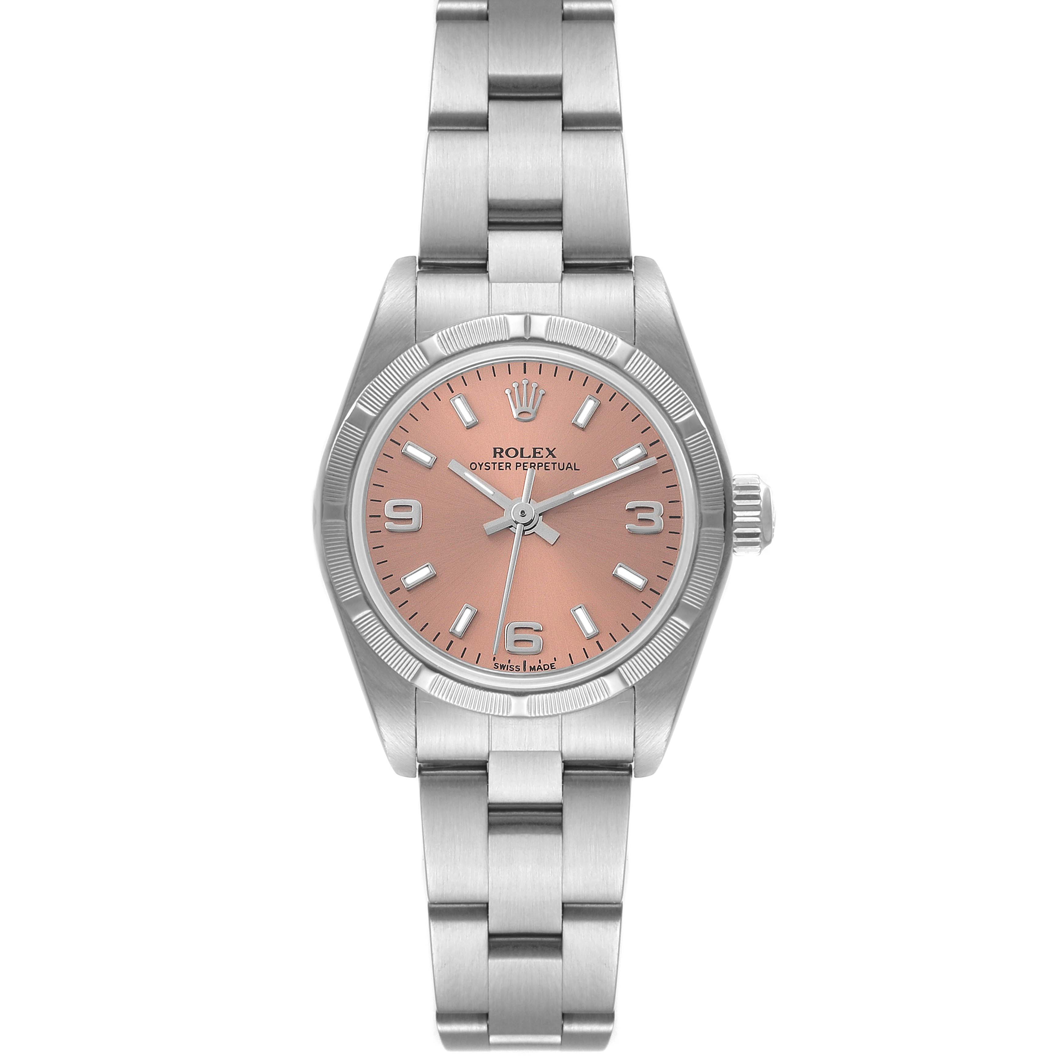 This image shows a frontal view of a Rolex Datejust 76030 Women's Stainless Steel Pink Dial 76030 Women's Stainless Steel Pink Dial watch featuring a pink dial and stainless steel bracelet.