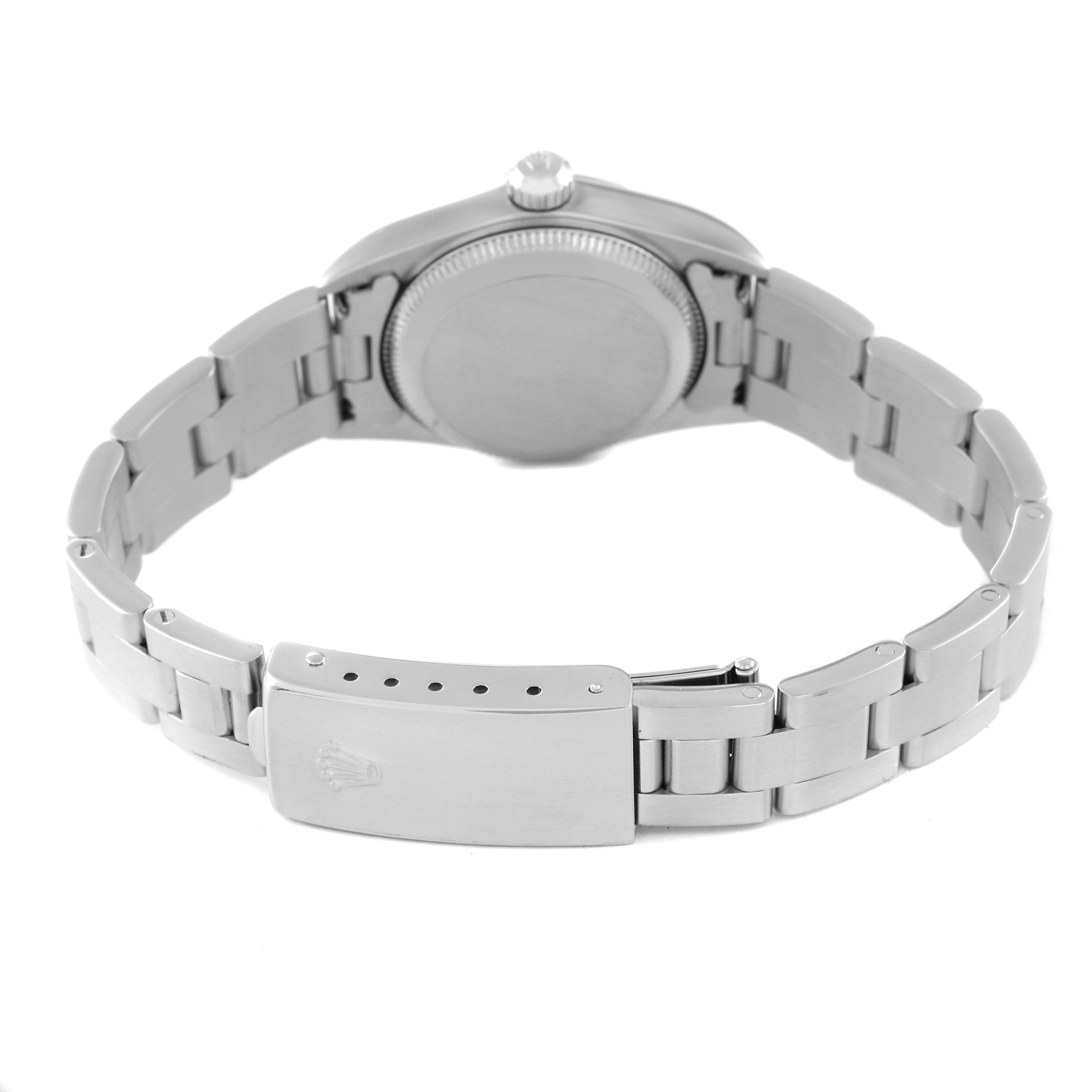 The image shows the back and clasp of a Rolex Datejust 76030 Women's Stainless Steel Pink Dial 76030 Women's Stainless Steel Pink Dial watch, focusing on the bracelet and case back.