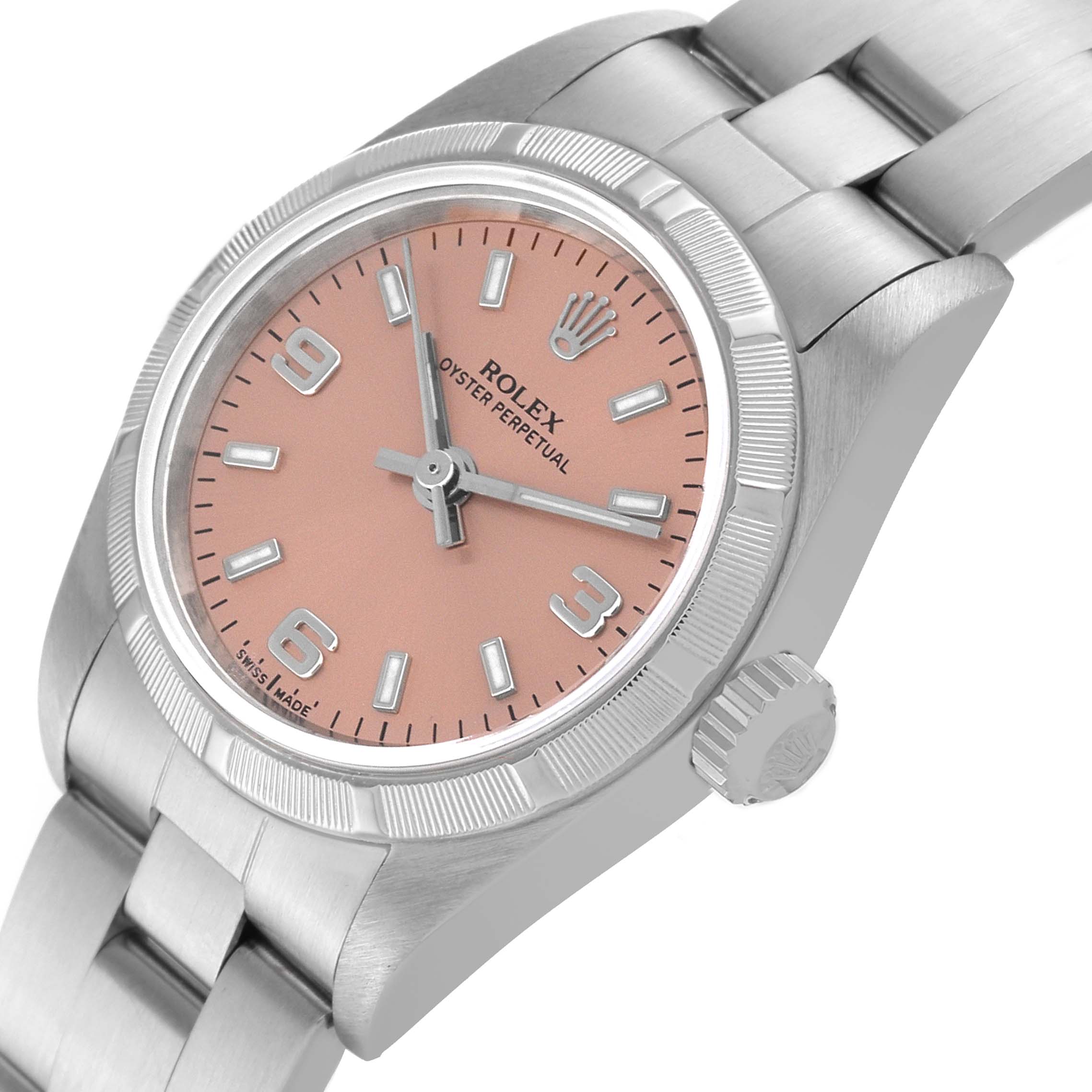 The image shows a close-up angle of a Rolex Datejust 76030 Women's Stainless Steel Pink Dial 76030 Women's Stainless Steel Pink Dial watch displaying the dial, bezel, case, and part of the bracelet.