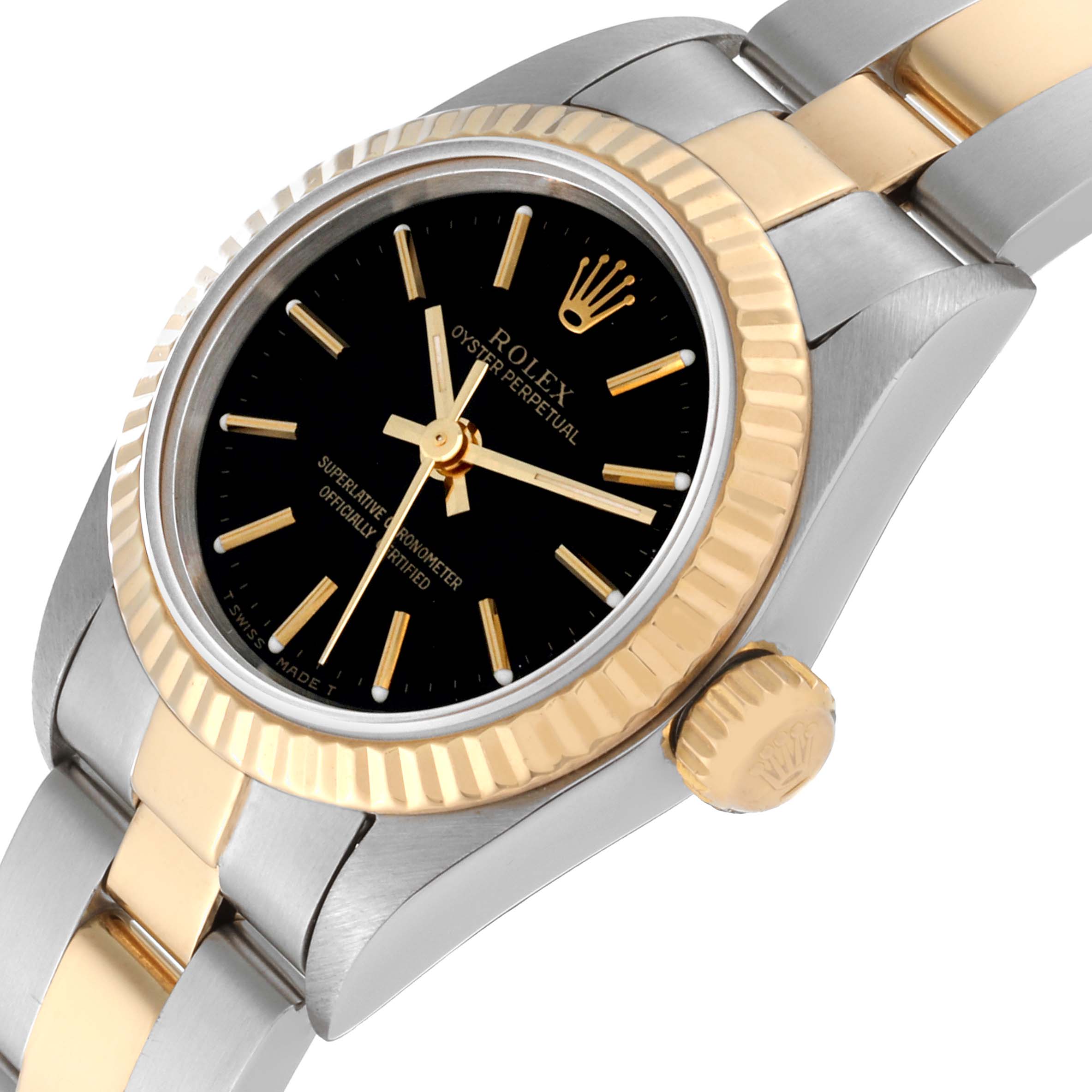 The image shows a Rolex Oyster Perpetual 67193 Women's Steel and Gold (two tone) Black Dial 67193 Women's Steel and Gold (two tone) Black Dial watch at an angle, highlighting the face, bezel, and part of the bracelet.