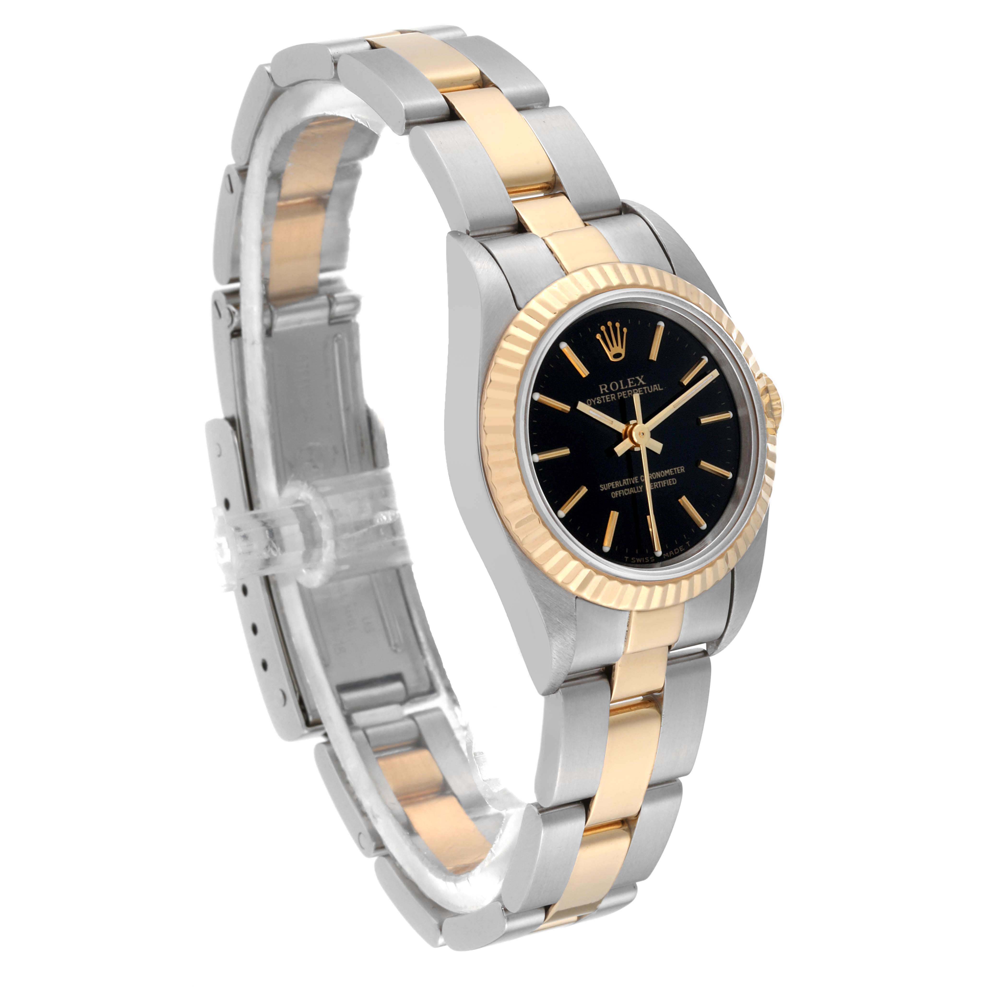The image shows a side-angle view of a Rolex Oyster Perpetual 67193 Women's Steel and Gold (two tone) Black Dial 67193 Women's Steel and Gold (two tone) Black Dial watch highlighting its two-tone metal bracelet and black dial.
