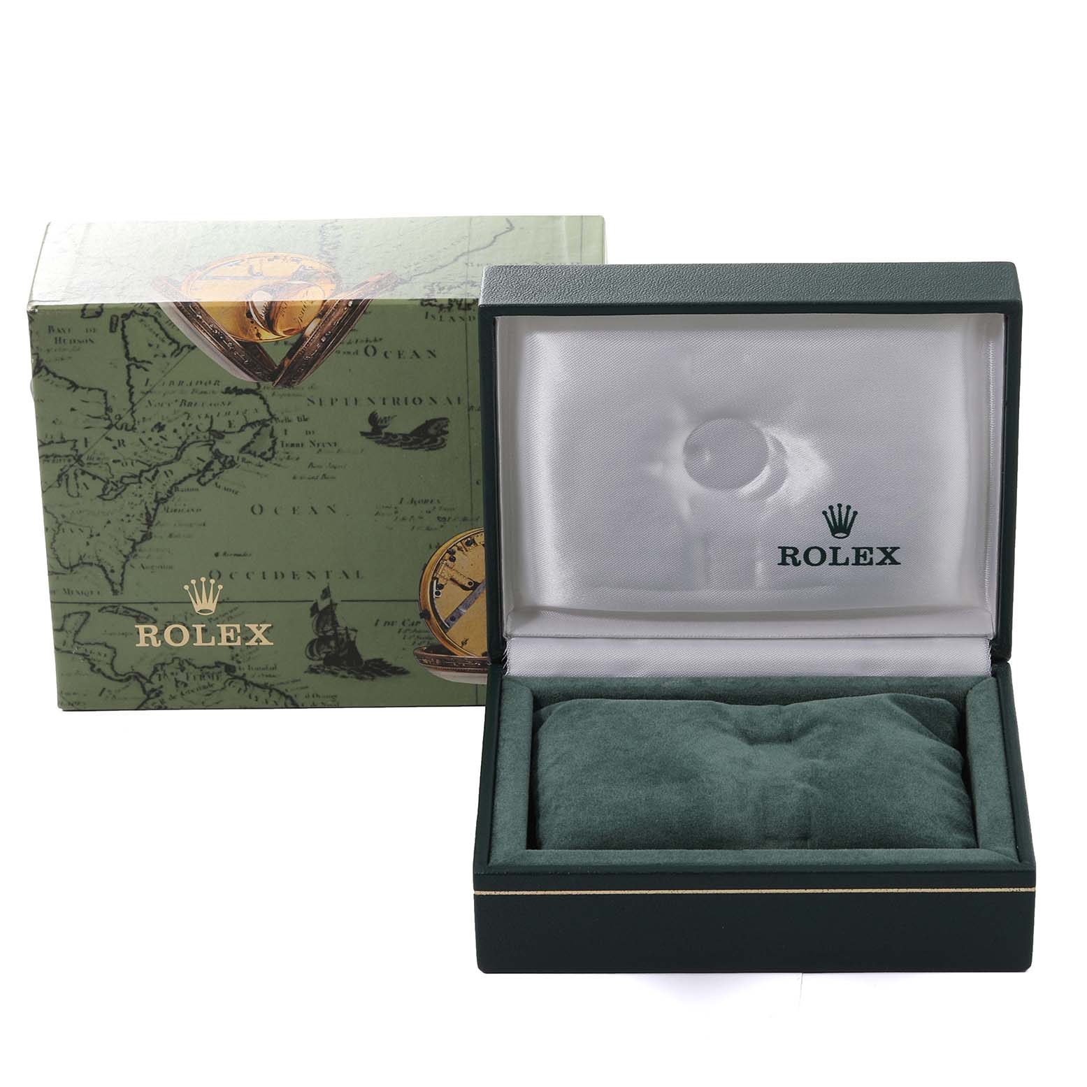 The image shows an angled view of an empty Rolex box and packaging for the Oyster Perpetual model.