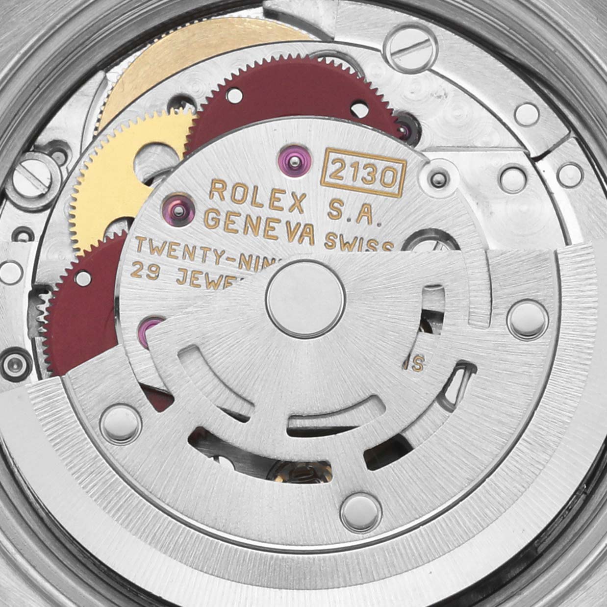 The image shows the internal movement and mechanism of a Rolex Oyster Perpetual 67193 Women's Steel and Gold (two tone) Black Dial 67193 Women's Steel and Gold (two tone) Black Dial watch.
