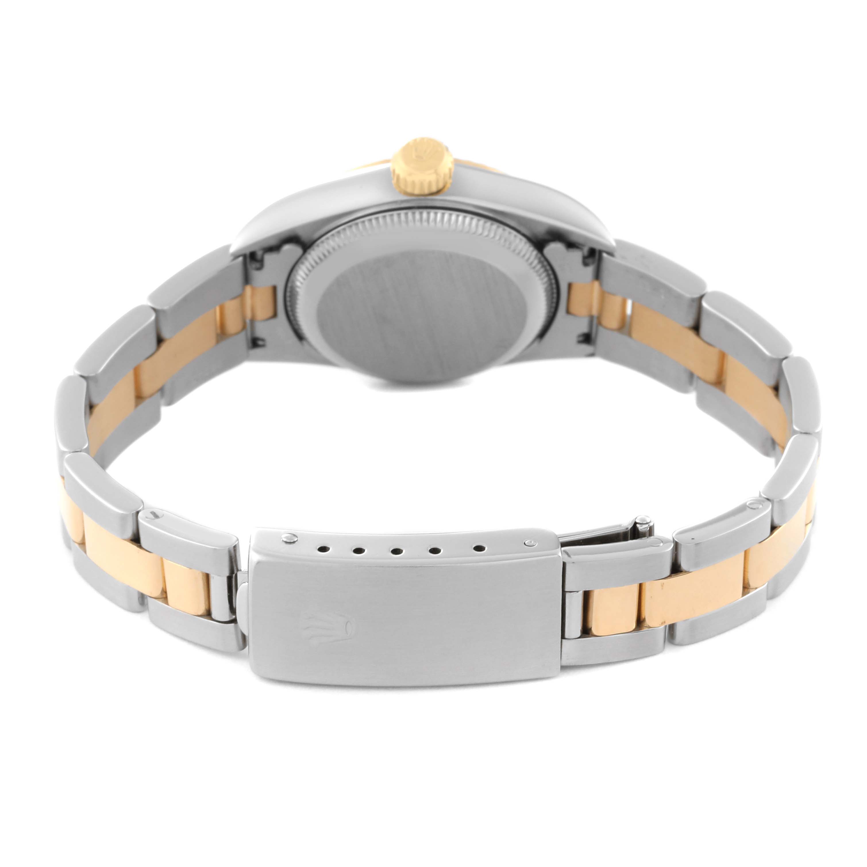 The image shows the back view of a Rolex Oyster Perpetual 67193 Women's Steel and Gold (two tone) Black Dial 67193 Women's Steel and Gold (two tone) Black Dial watch, highlighting the two-tone bracelet, clasp, and case back.