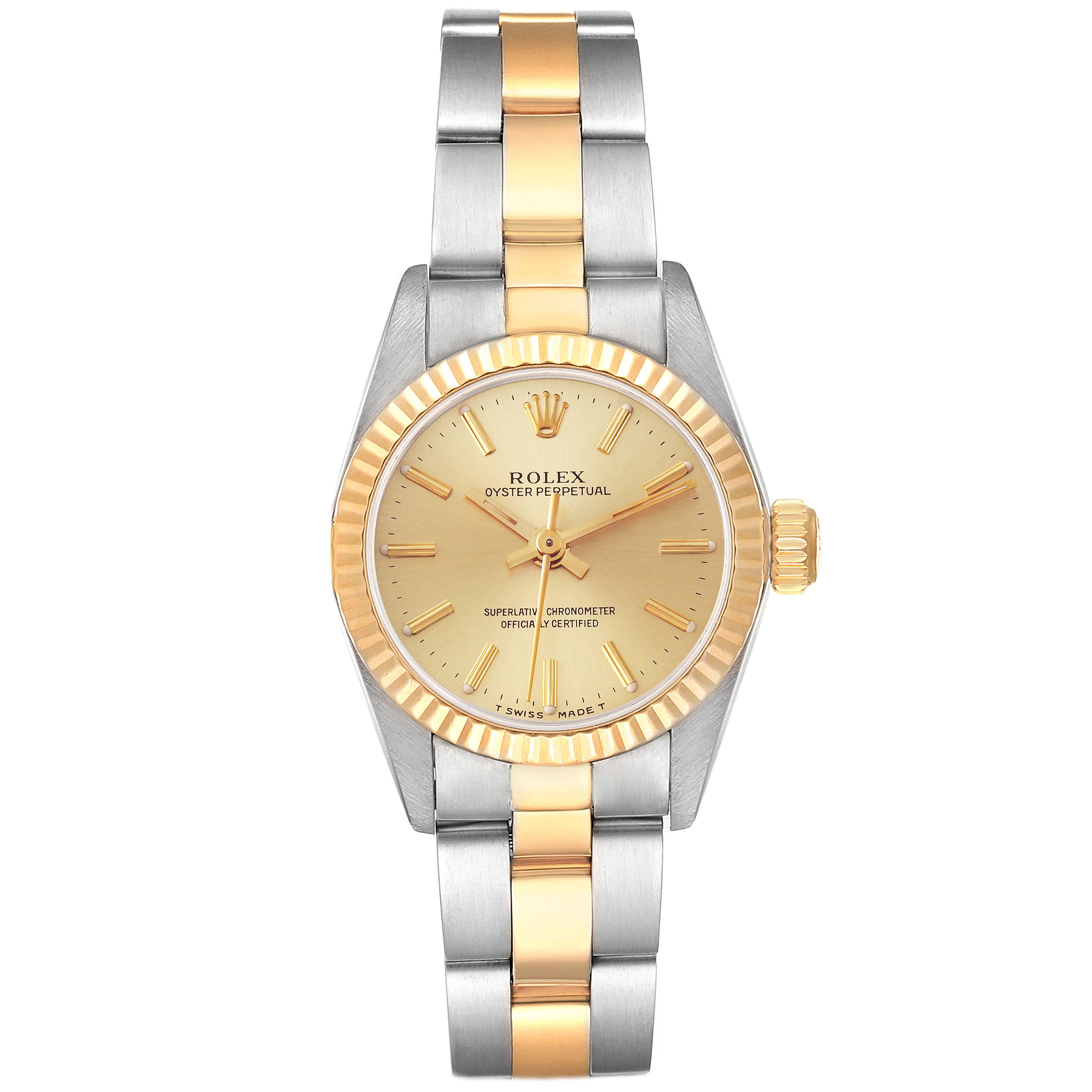 The Rolex Oyster Perpetual 67193 Women's Steel and Gold (two tone) Champagne Dial 67193 Women's Steel and Gold (two tone) Champagne Dial watch is shown from a straight-on angle, displaying its gold and silver bracelet and gold bezel.