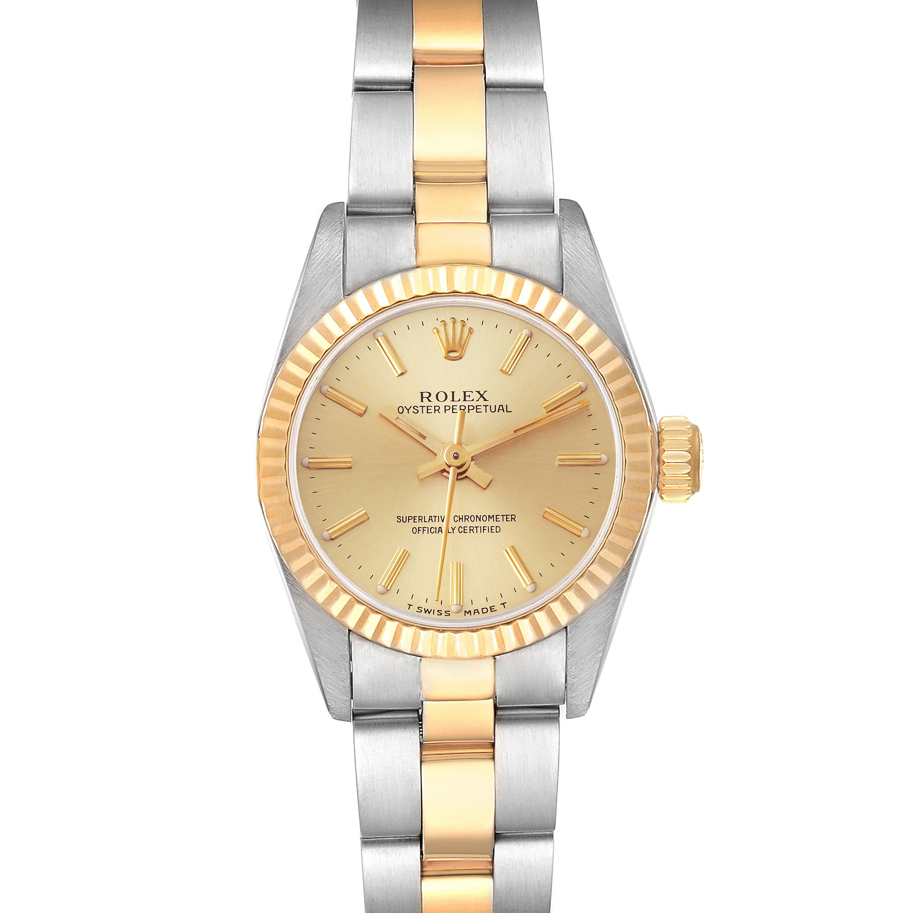 The image shows a Rolex Oyster Perpetual 67193 Women's Steel and Gold (two tone) Champagne Dial 67193 Women's Steel and Gold (two tone) Champagne Dial watch with a gold dial and a two-tone metal bracelet viewed from the front.