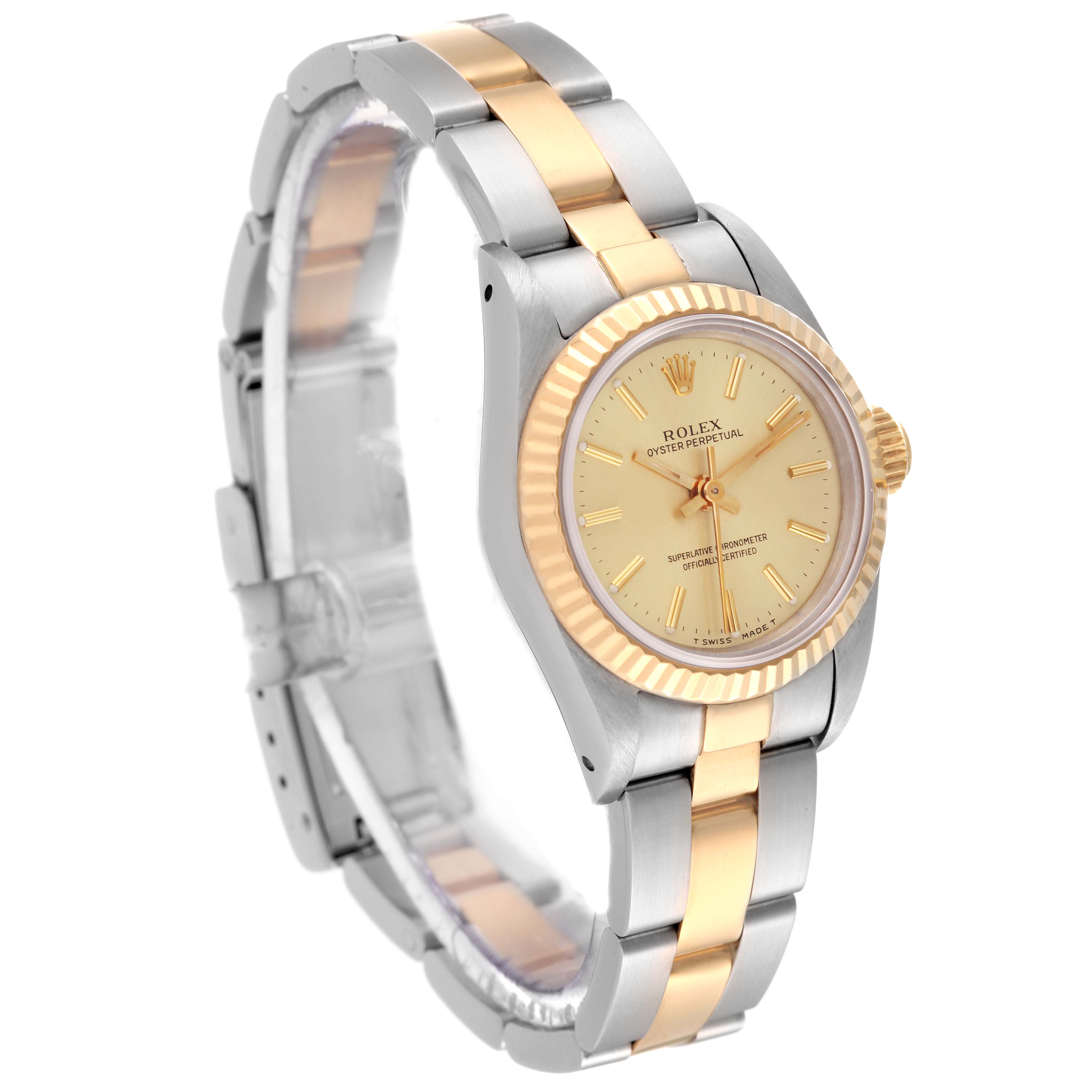 The image shows a side angle of a Rolex Oyster Perpetual 67193 Women's Steel and Gold (two tone) Champagne Dial 67193 Women's Steel and Gold (two tone) Champagne Dial watch displaying its two-tone metal bracelet, bezel, and face.