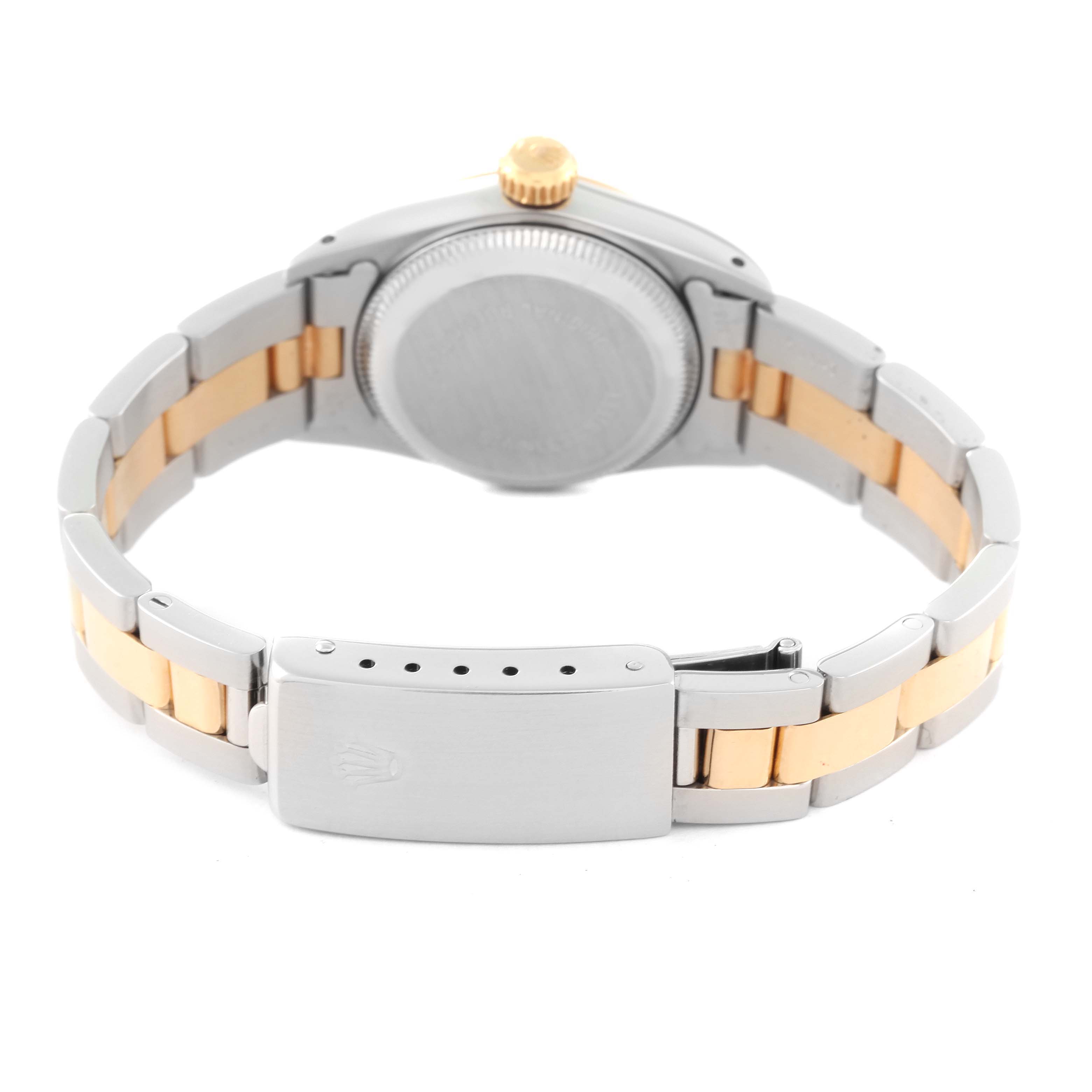 This image shows the back of a Rolex Oyster Perpetual 67193 Women's Steel and Gold (two tone) Champagne Dial 67193 Women's Steel and Gold (two tone) Champagne Dial watch highlighting the case and dual-tone bracelet.