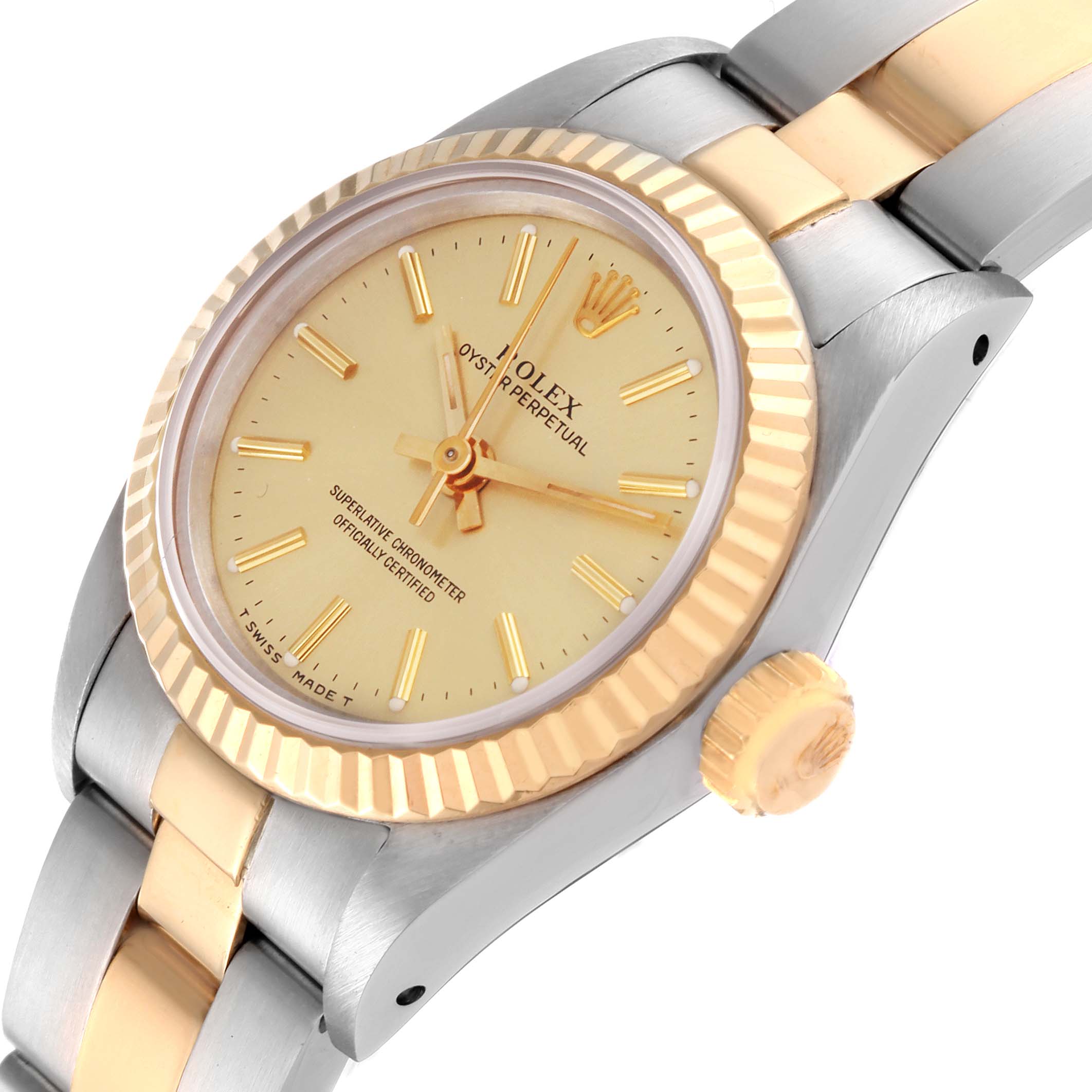 The image shows a side view of a Rolex Oyster Perpetual 67193 Women's Steel and Gold (two tone) Champagne Dial 67193 Women's Steel and Gold (two tone) Champagne Dial watch, highlighting the dial, bezel, crown, and part of the bracelet.