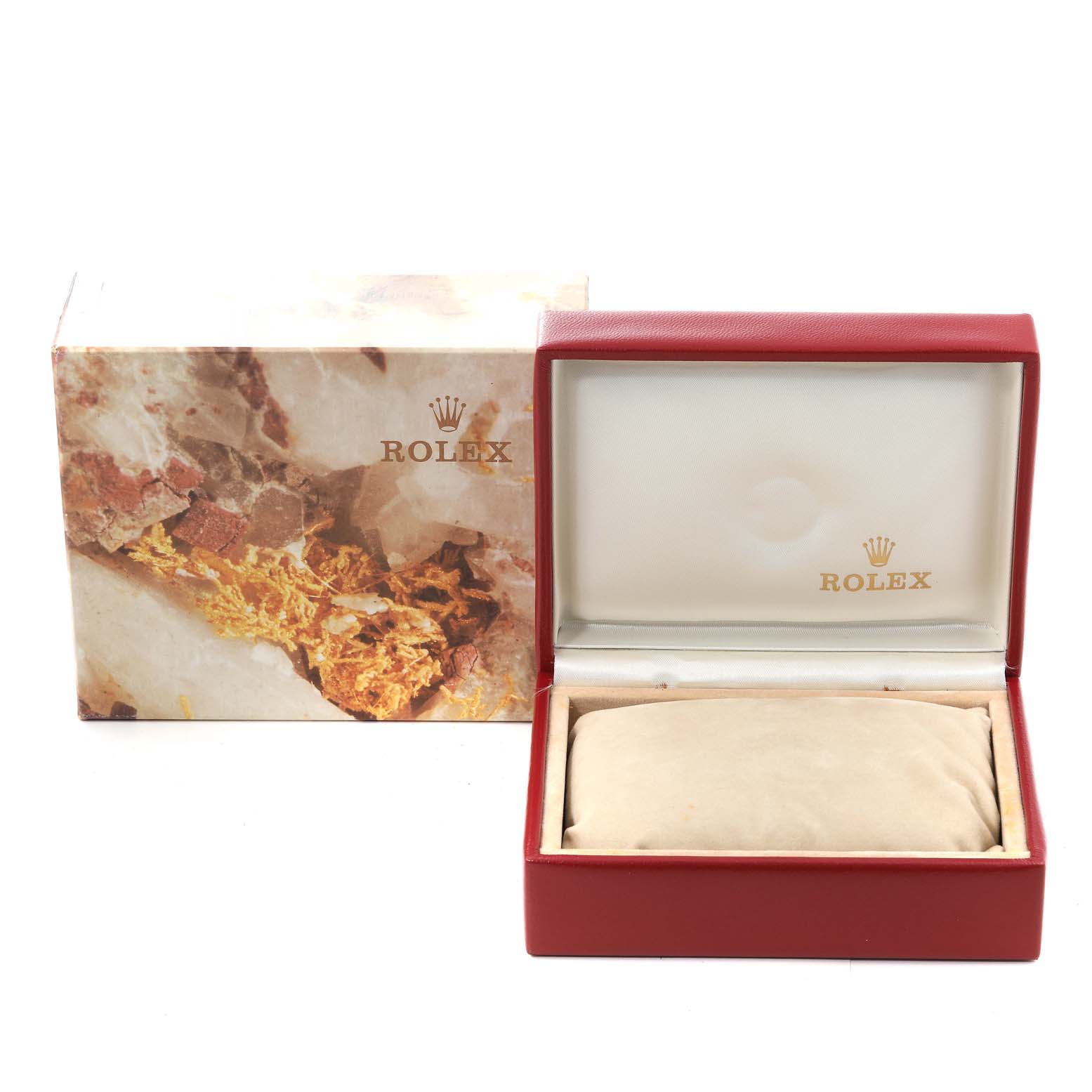 The image shows the packaging and storage box of a Rolex Oyster Perpetual 67193 Women's Steel and Gold (two tone) Champagne Dial 67193 Women's Steel and Gold (two tone) Champagne Dial watch, featuring an outer box and an inner cushioned display case.