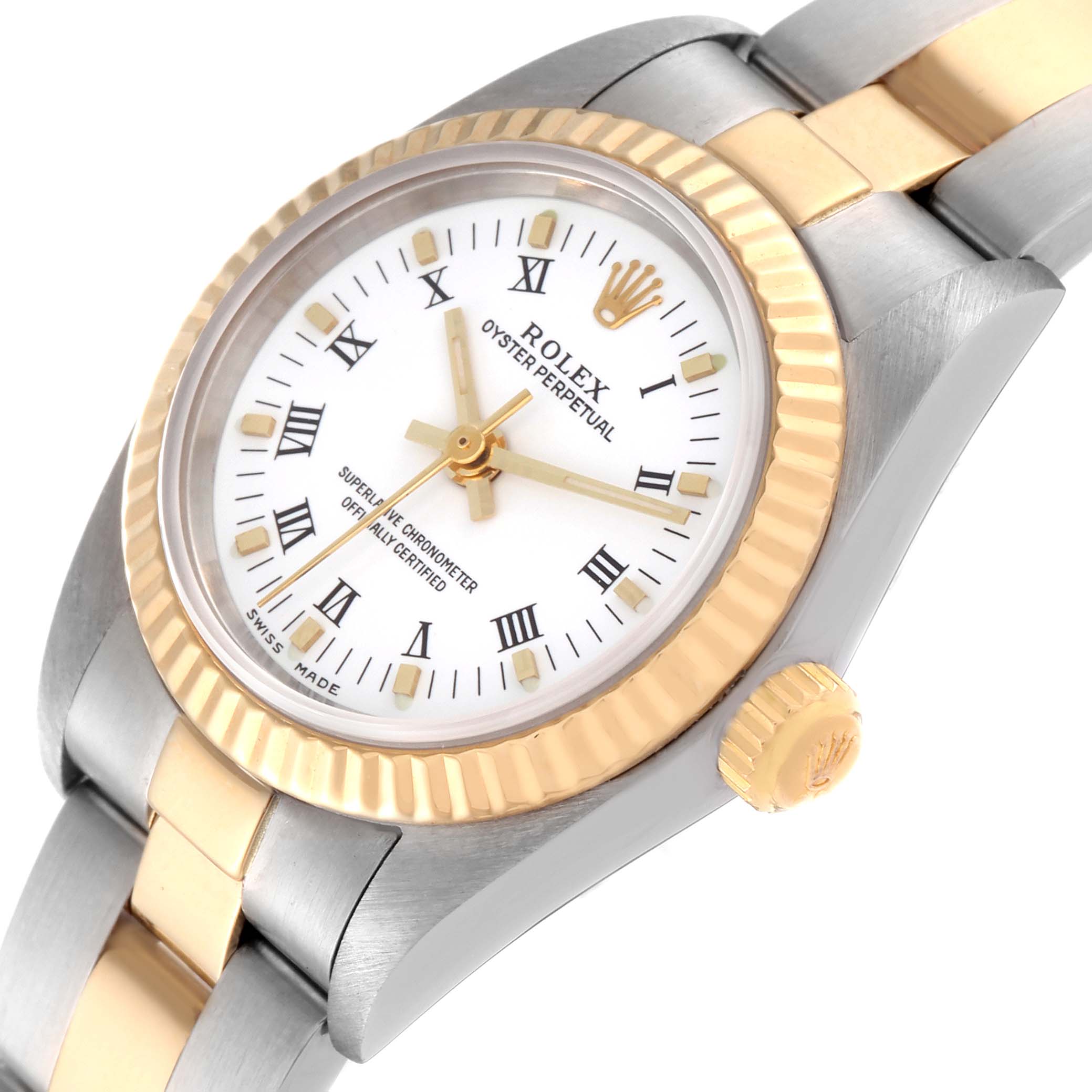 The image shows a close-up view of a Rolex Oyster Perpetual 76193 Women's Steel and Gold (two tone) White Dial 76193 Women's Steel and Gold (two tone) White Dial watch face, bezel, crown, and part of the metal bracelet.