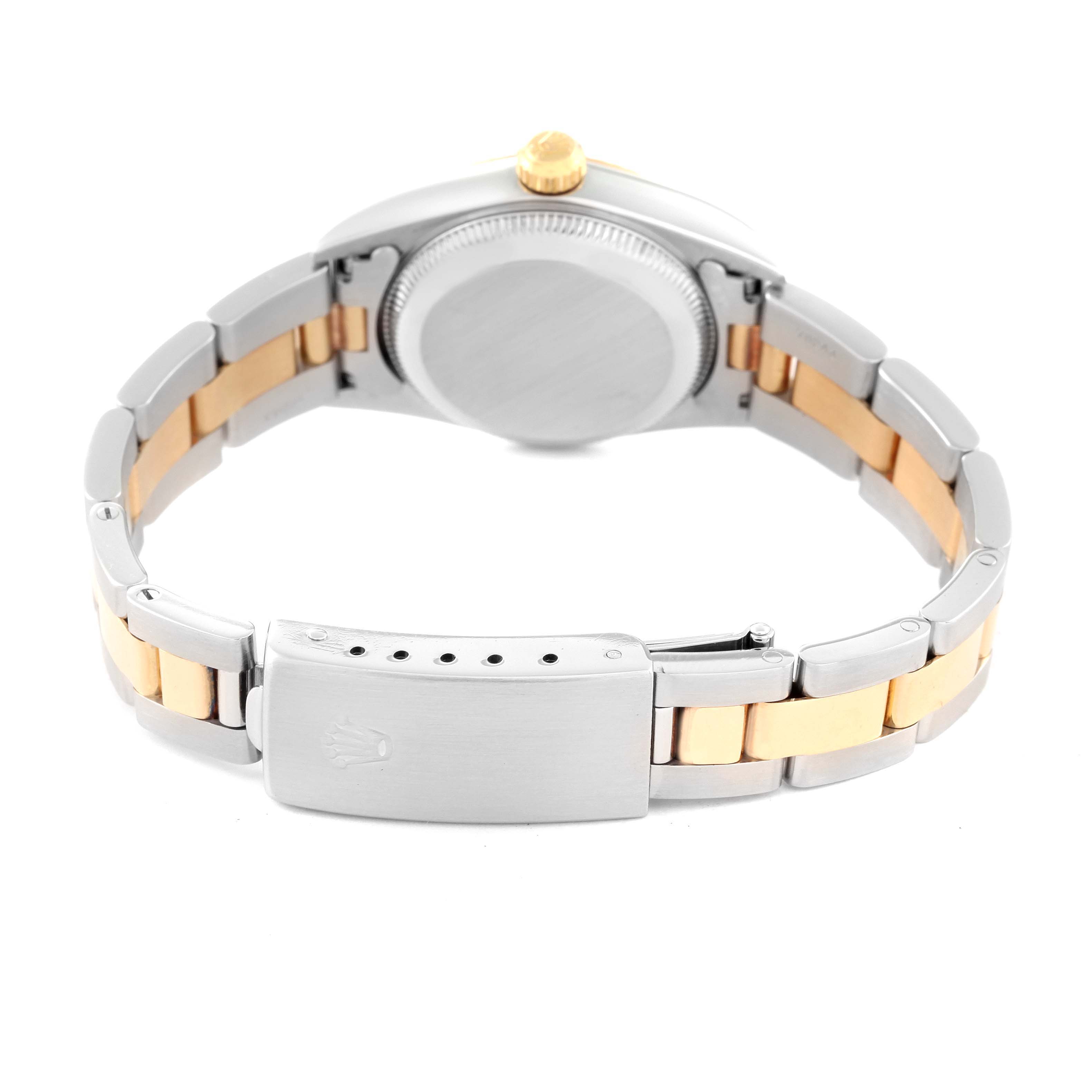 This image shows the back view of a Rolex Oyster Perpetual 76193 Women's Steel and Gold (two tone) White Dial 76193 Women's Steel and Gold (two tone) White Dial watch, highlighting its two-tone bracelet and clasp.