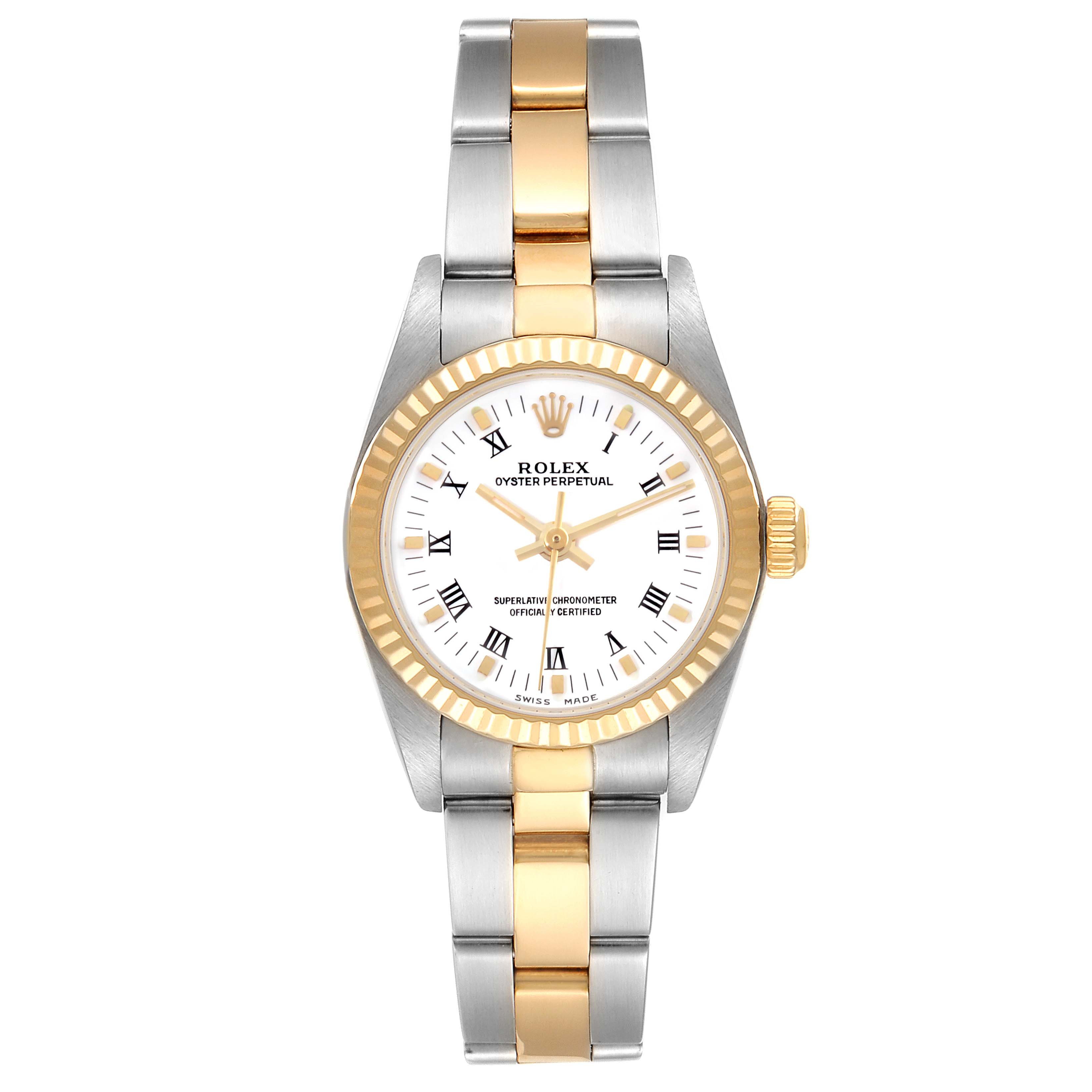 This Rolex Oyster Perpetual 76193 Women's Steel and Gold (two tone) White Dial 76193 Women's Steel and Gold (two tone) White Dial watch is shown in a front view, displaying the dial, bezel, and two-tone bracelet.