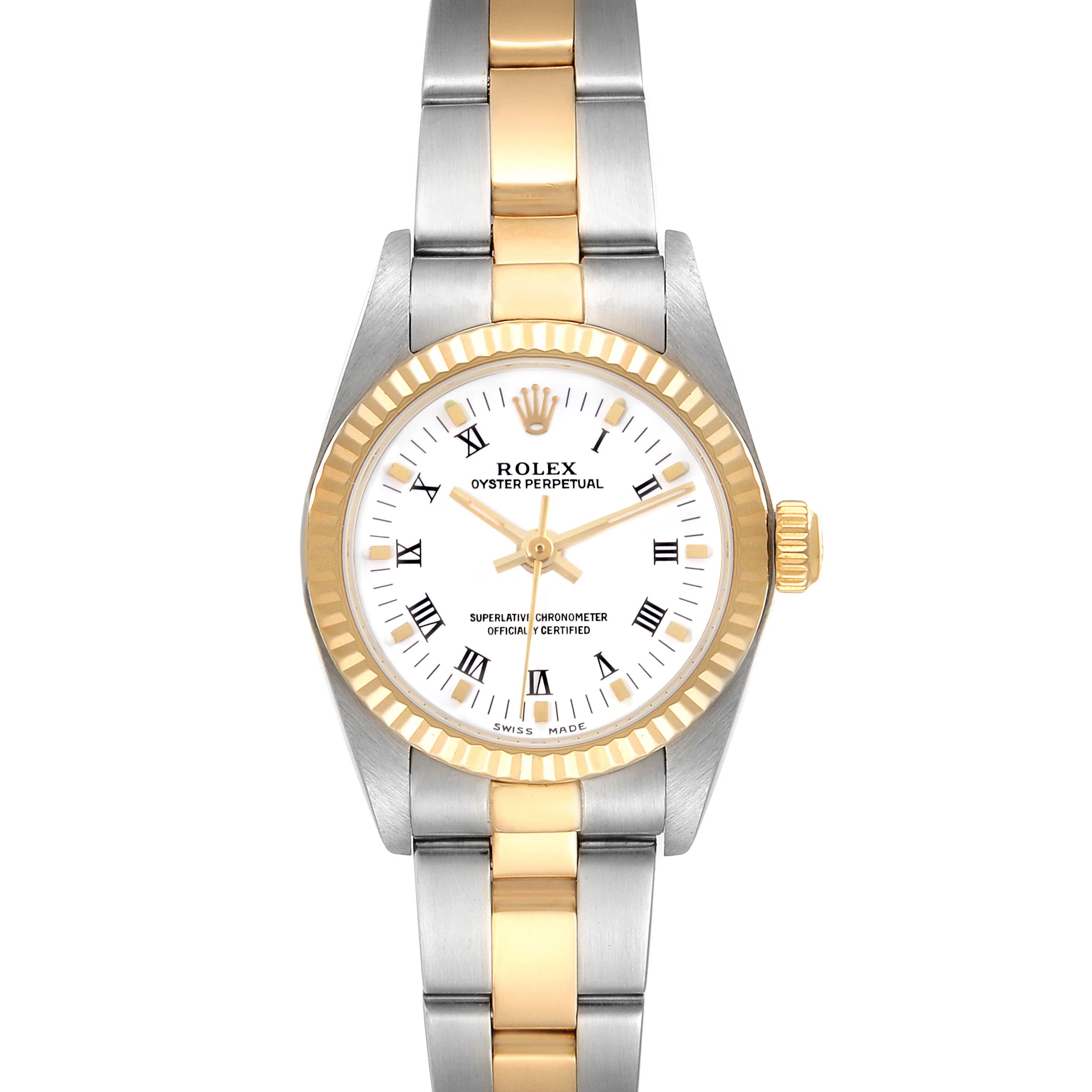 This image shows the front view of a Rolex Oyster Perpetual 76193 Women's Steel and Gold (two tone) White Dial 76193 Women's Steel and Gold (two tone) White Dial watch, highlighting the dial, bezel, and bracelet.