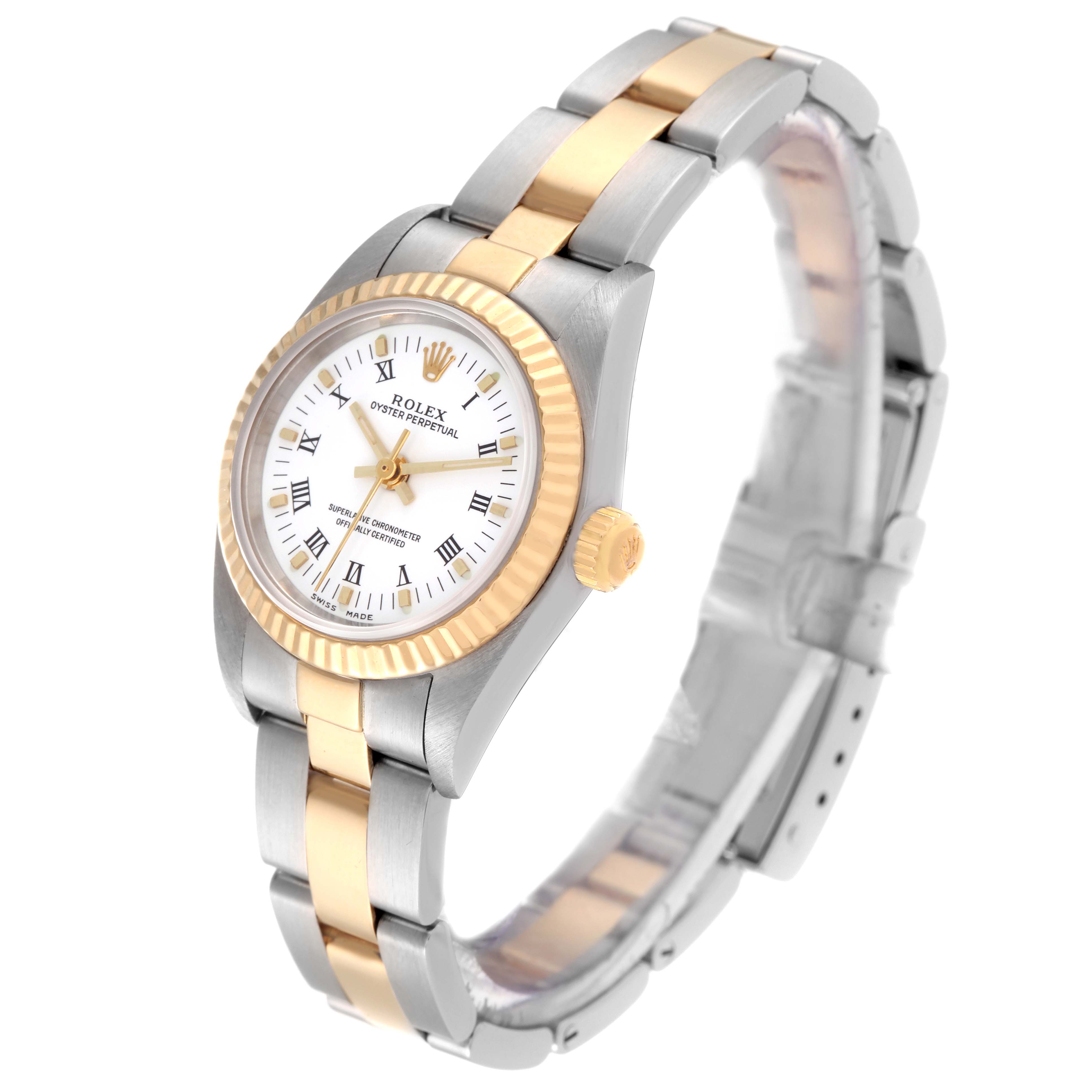 The image shows a Rolex Oyster Perpetual 76193 Women's Steel and Gold (two tone) White Dial 76193 Women's Steel and Gold (two tone) White Dial watch at a slight angle, displaying the face, crown, and two-tone band.
