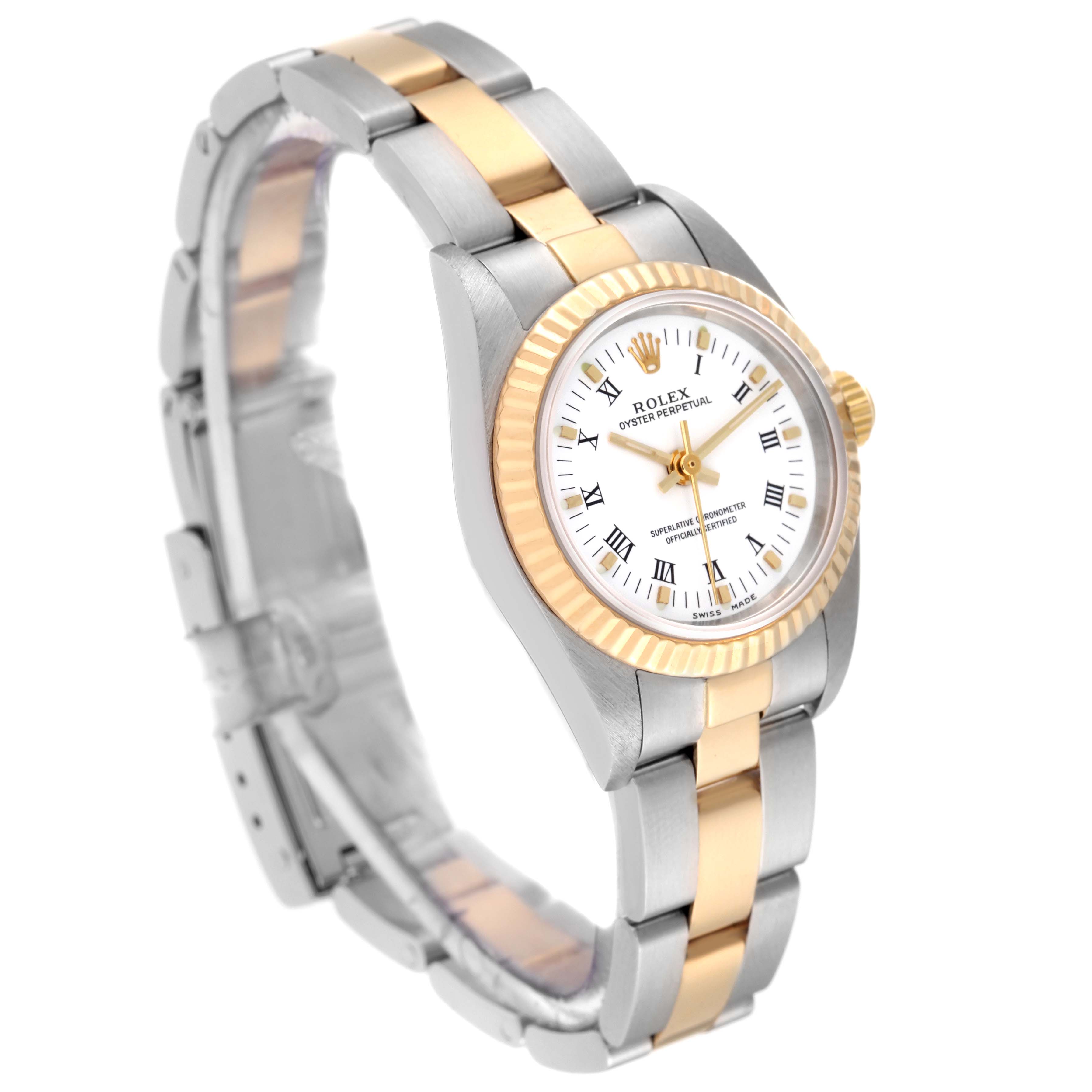 The image shows a Rolex Oyster Perpetual 76193 Women's Steel and Gold (two tone) White Dial 76193 Women's Steel and Gold (two tone) White Dial watch at a slight angle, highlighting its two-tone bracelet and gold bezel.