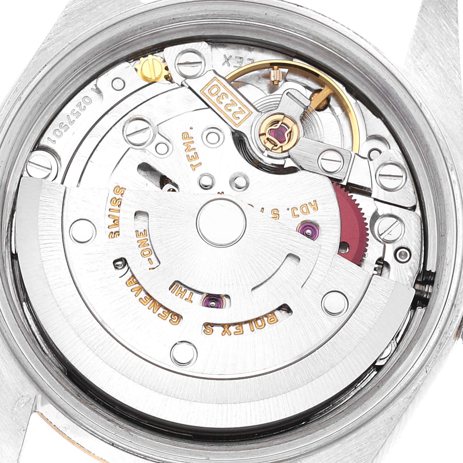 This image shows the inner movement mechanism of the Rolex Oyster Perpetual 76193 Women's Steel and Gold (two tone) White Dial 76193 Women's Steel and Gold (two tone) White Dial watch from a close-up, top-down angle.
