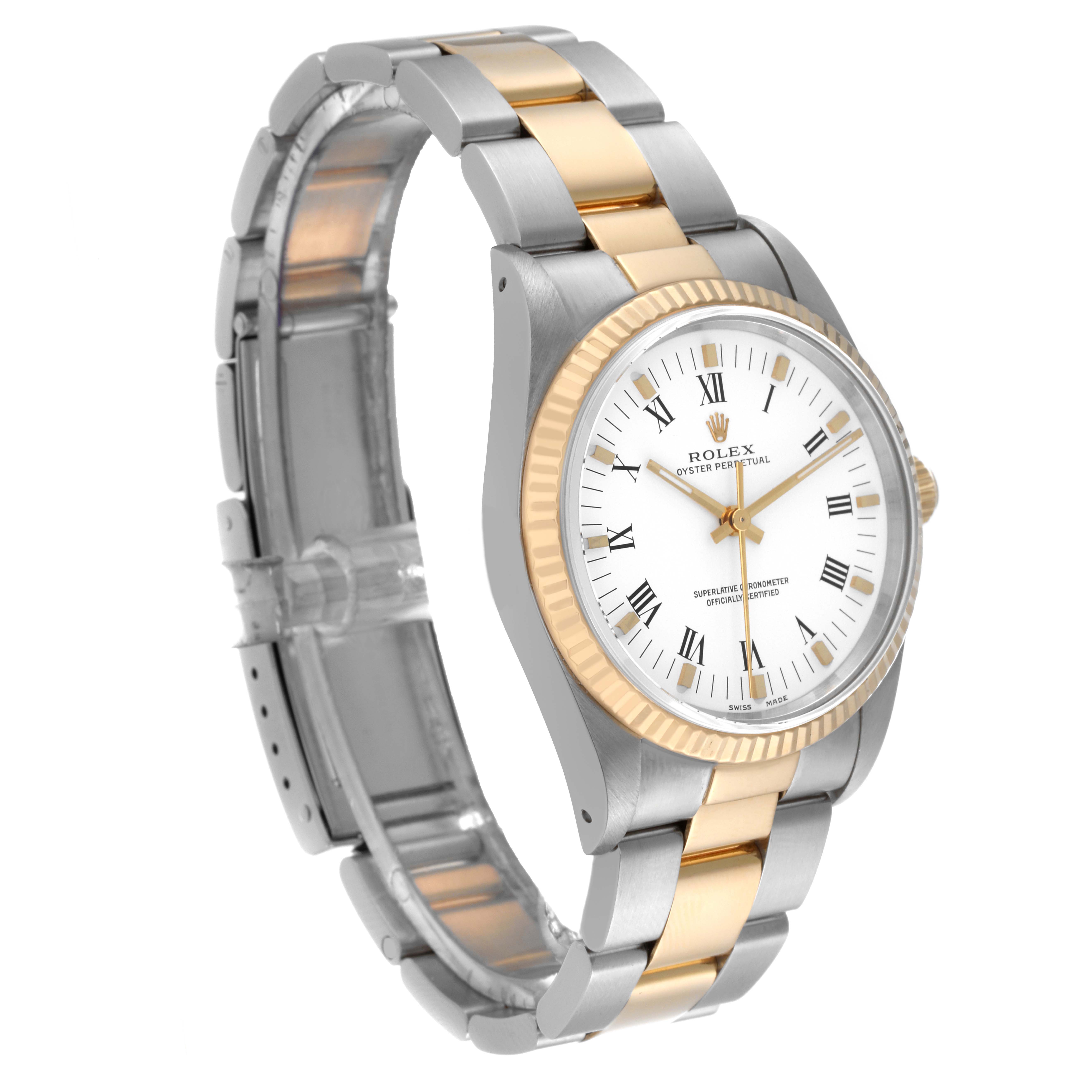 The image displays a Rolex Oyster Perpetual 14233 Men's Steel and Gold (two tone) White Dial 14233 Men's Steel and Gold (two tone) White Dial watch with a gold and silver bracelet, taken from a three-quarter side angle.