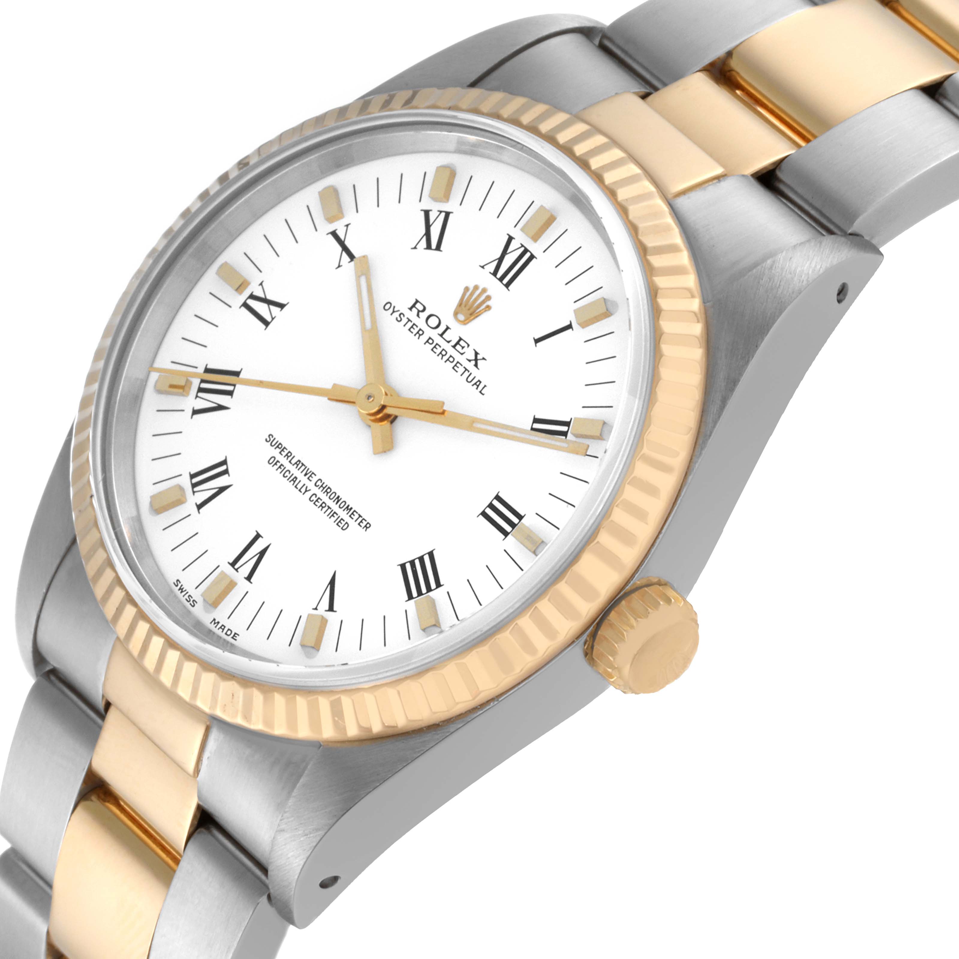 This image shows a Rolex Oyster Perpetual 14233 Men's Steel and Gold (two tone) White Dial 14233 Men's Steel and Gold (two tone) White Dial watch from an oblique angle, highlighting the face, bezel, and part of the bracelet.