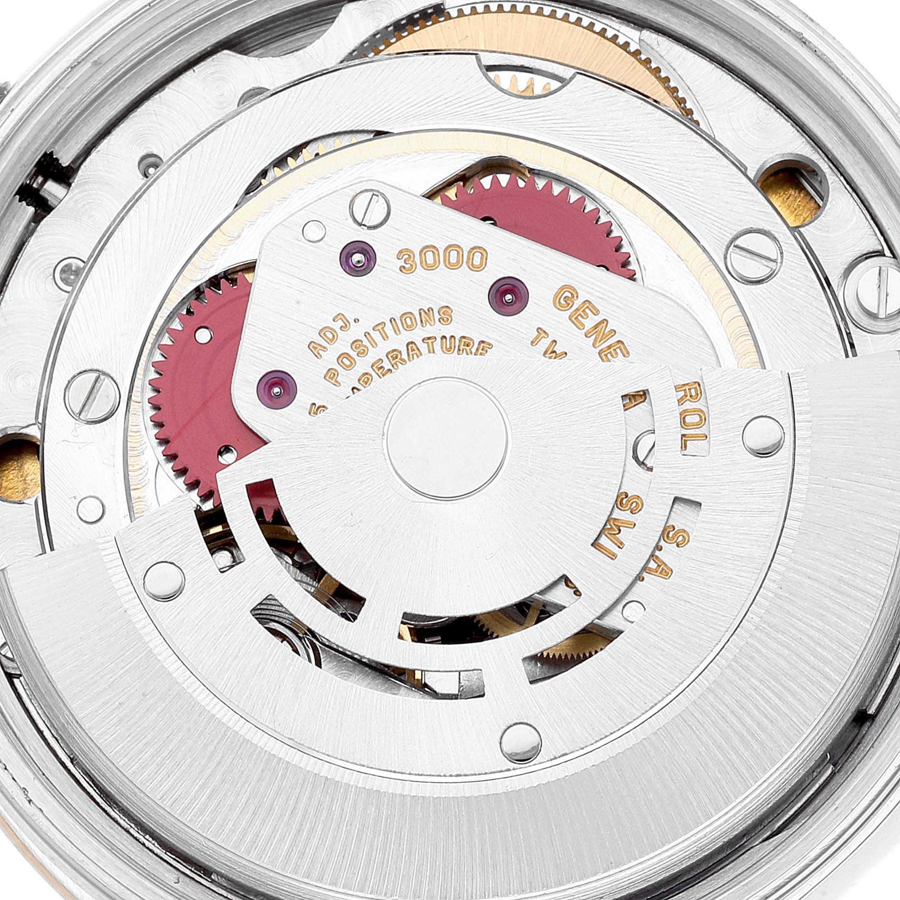 This is a close-up of the movement mechanism of a Rolex Oyster Perpetual 14233 Men's Steel and Gold (two tone) White Dial 14233 Men's Steel and Gold (two tone) White Dial watch, showing its intricate gears and components.