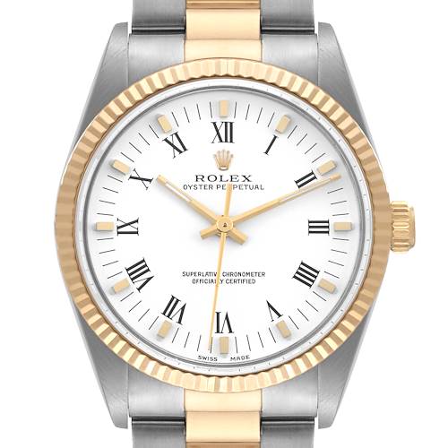 Photo of Rolex Oyster Perpetual Steel Yellow Gold White Roman Dial Mens Watch 14233