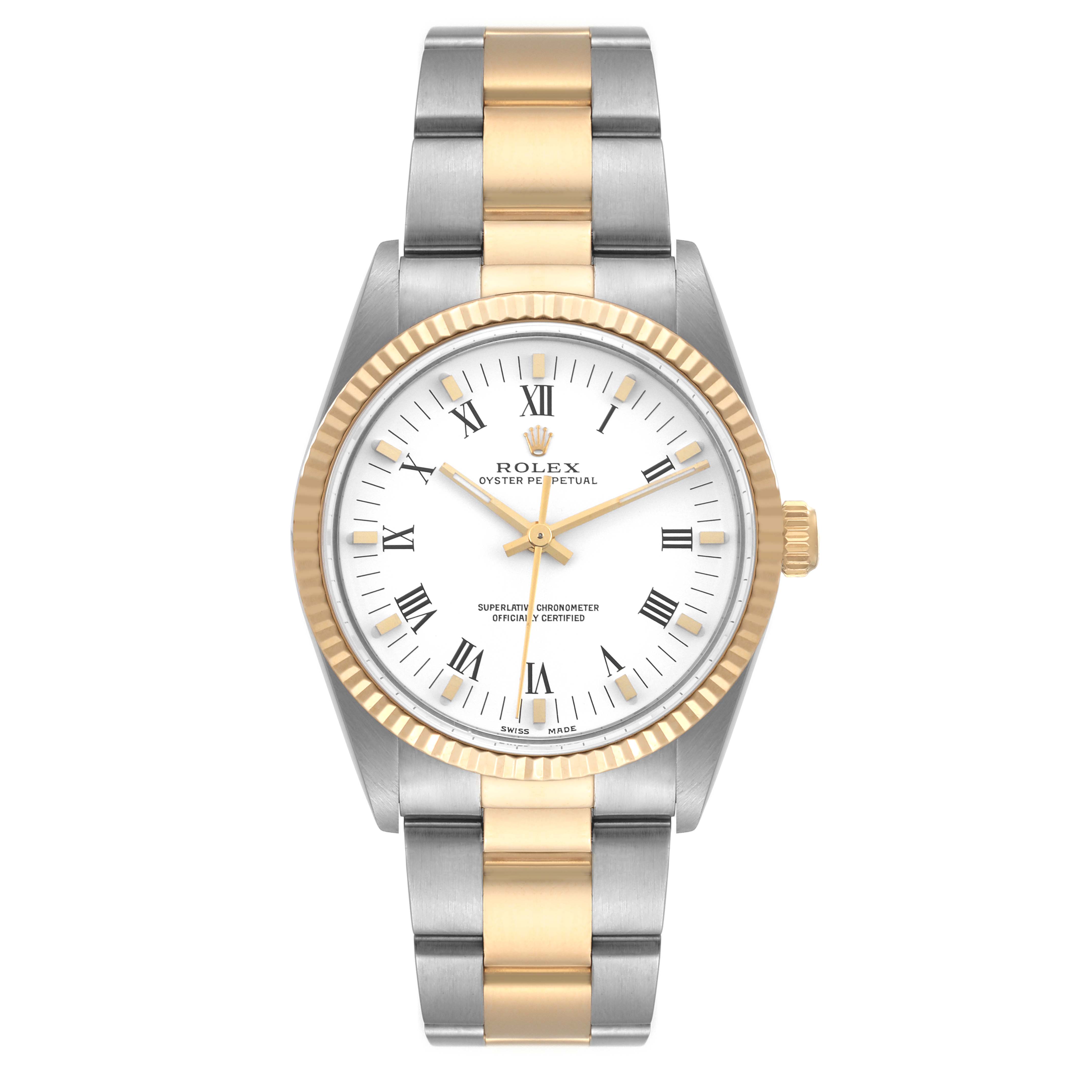 This image shows a front view of a Rolex Oyster Perpetual 14233 Men's Steel and Gold (two tone) White Dial 14233 Men's Steel and Gold (two tone) White Dial watch featuring a two-tone band and a white dial with Roman numerals.