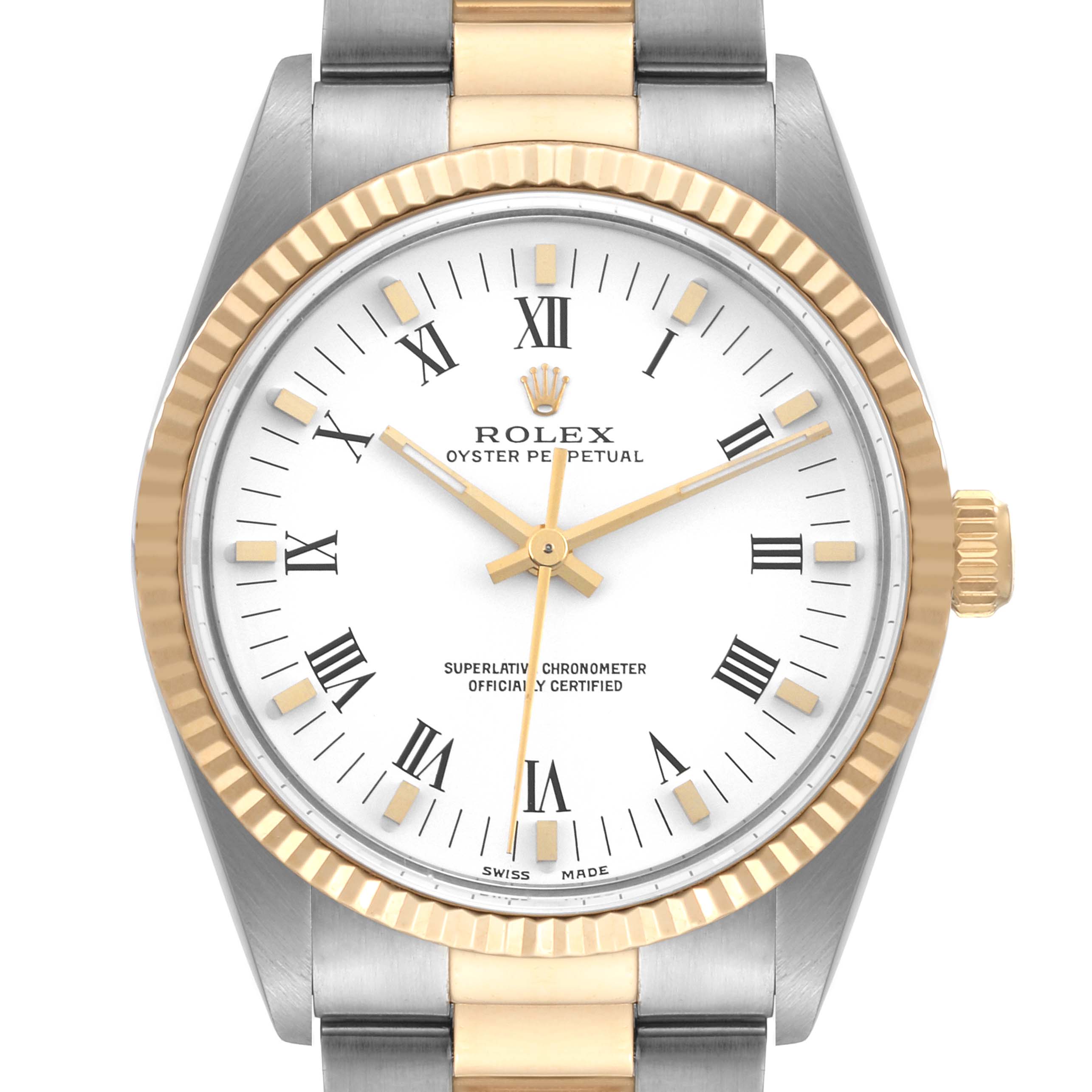 This image shows a frontal view of the Rolex Oyster Perpetual 14233 Men's Steel and Gold (two tone) White Dial 14233 Men's Steel and Gold (two tone) White Dial watch, highlighting its gold and silver detailing with a white face and Roman numerals.