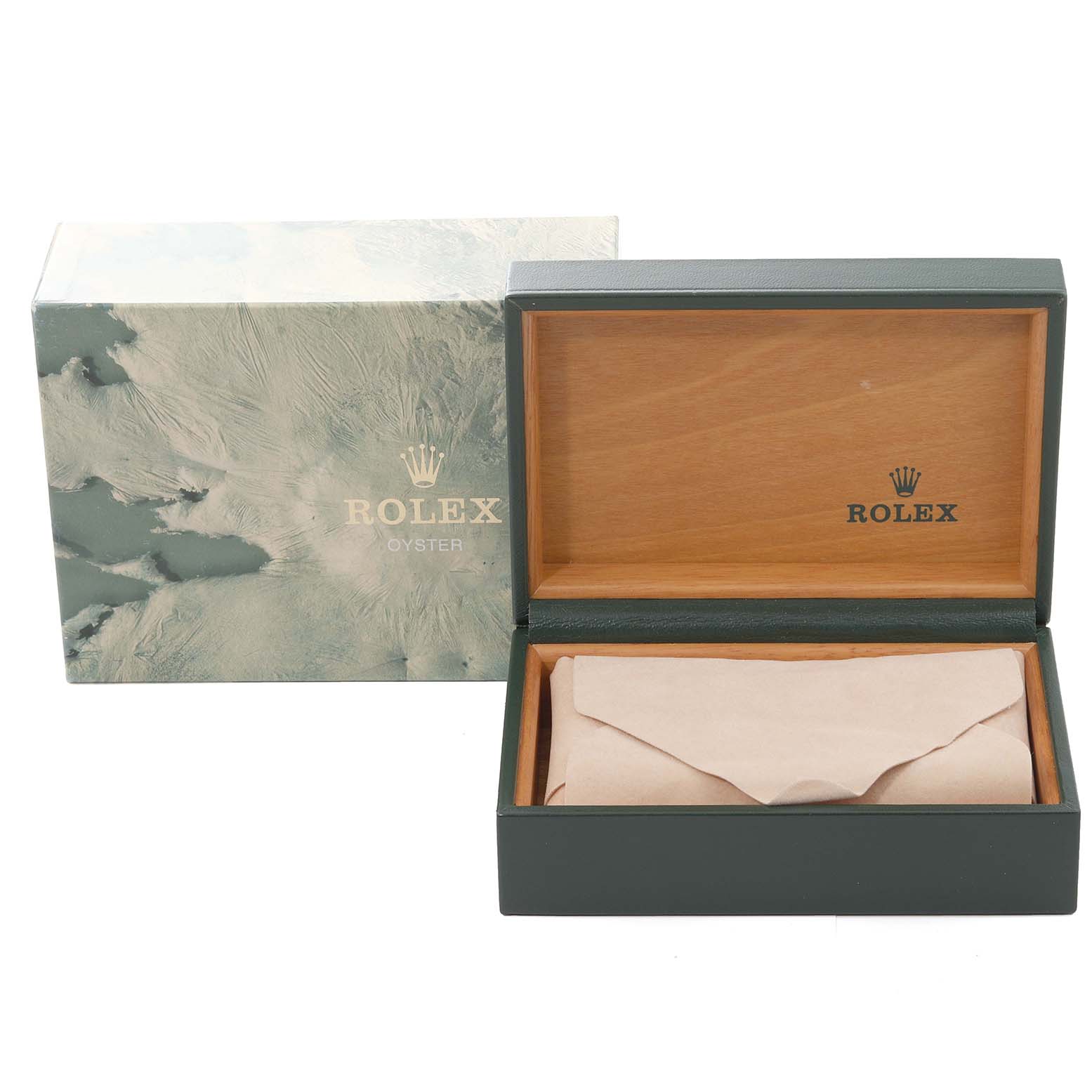 The image shows the packaging for a Rolex Oyster Perpetual 14233 Men's Steel and Gold (two tone) White Dial 14233 Men's Steel and Gold (two tone) White Dial watch, including an outer box and an open inner wooden box with a pouch.