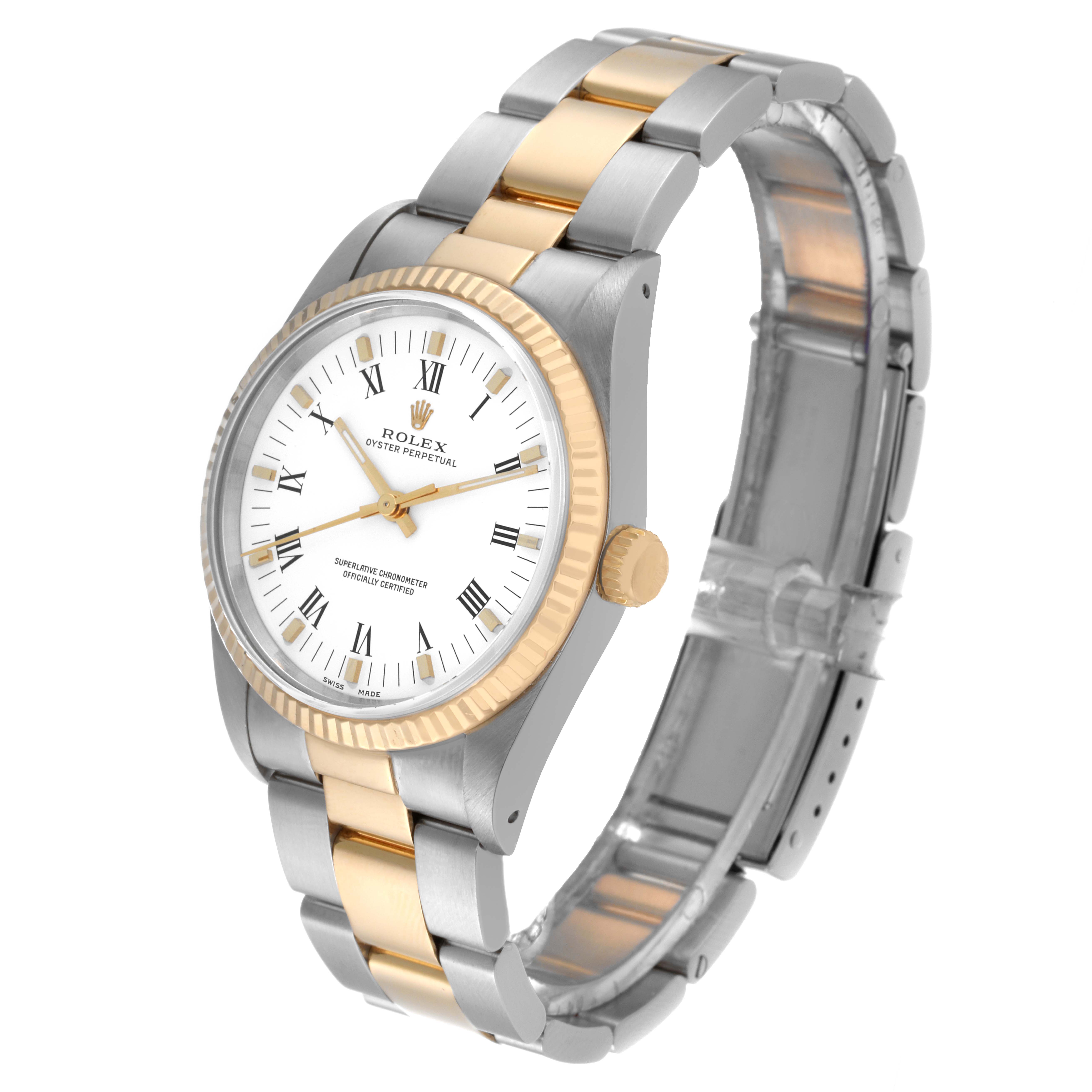 The Rolex Oyster Perpetual 14233 Men's Steel and Gold (two tone) White Dial 14233 Men's Steel and Gold (two tone) White Dial watch is shown at an oblique angle, highlighting its dial, bezel, crown, and two-tone bracelet.
