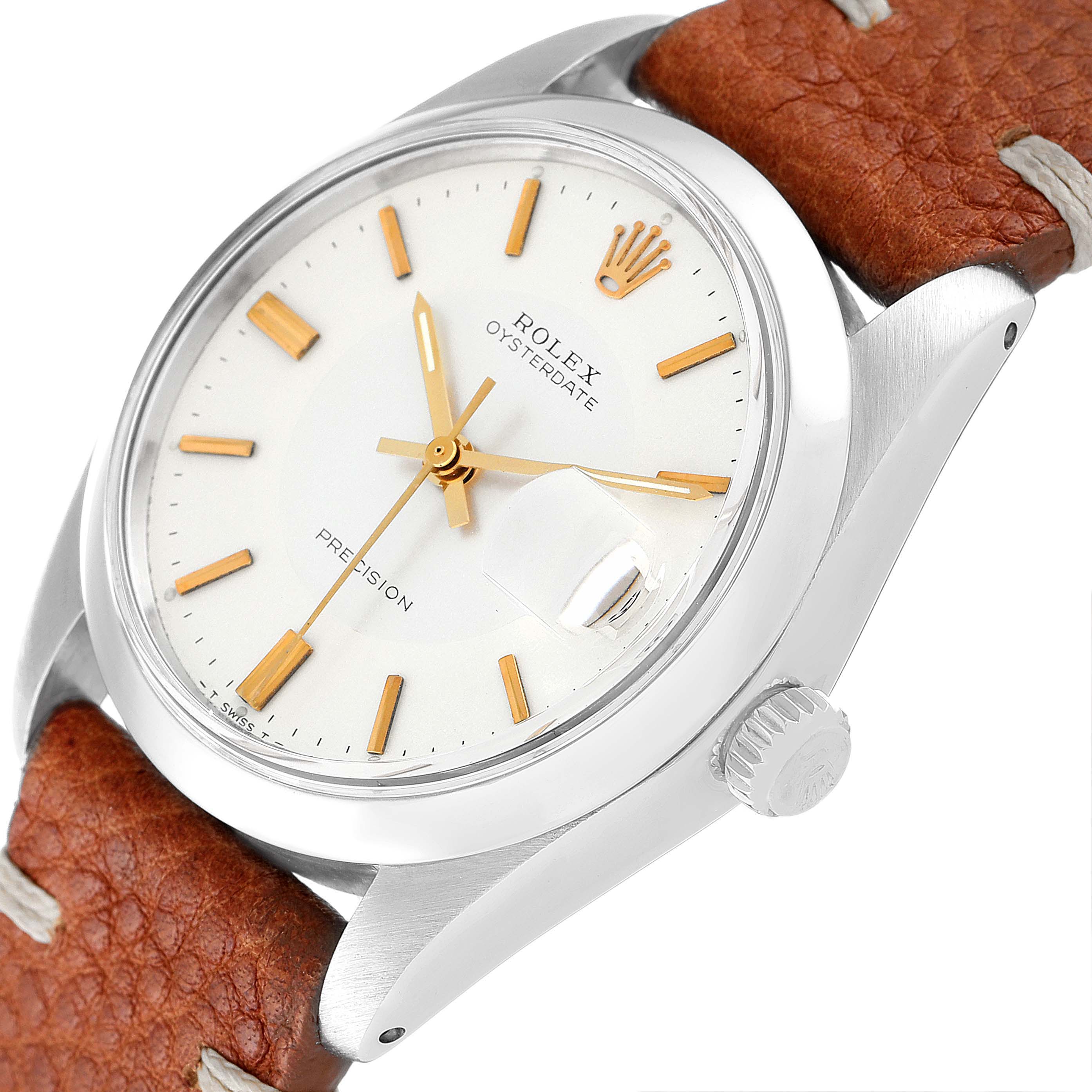 The image shows a close-up view of the Rolex Oysterdate Precision watch with a brown leather strap.