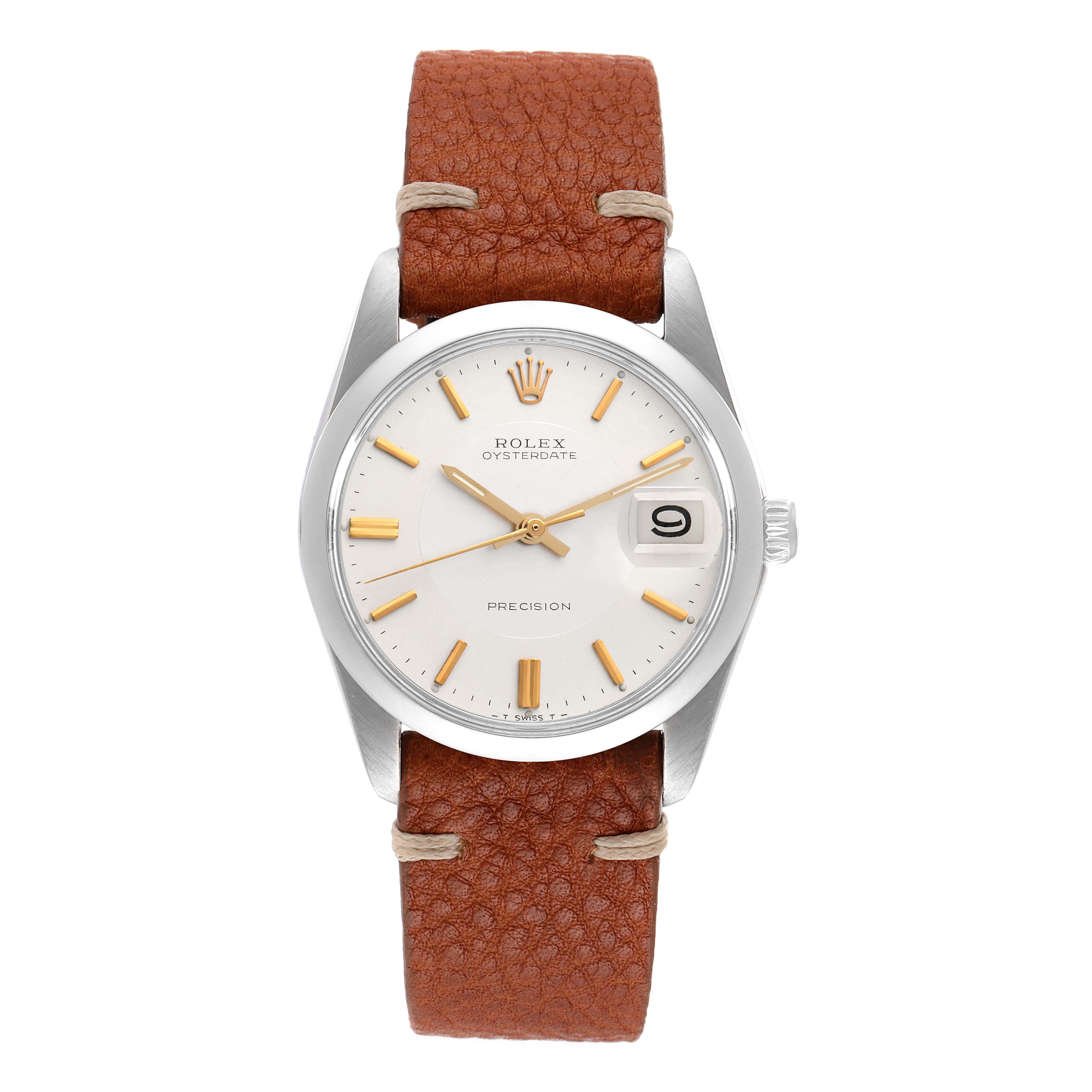 This image shows a front view of the Rolex Date 6694 Men's Stainless Steel Silver Dial 6694 Men's Stainless Steel Silver Dial model watch with a brown leather strap and a visible date window.