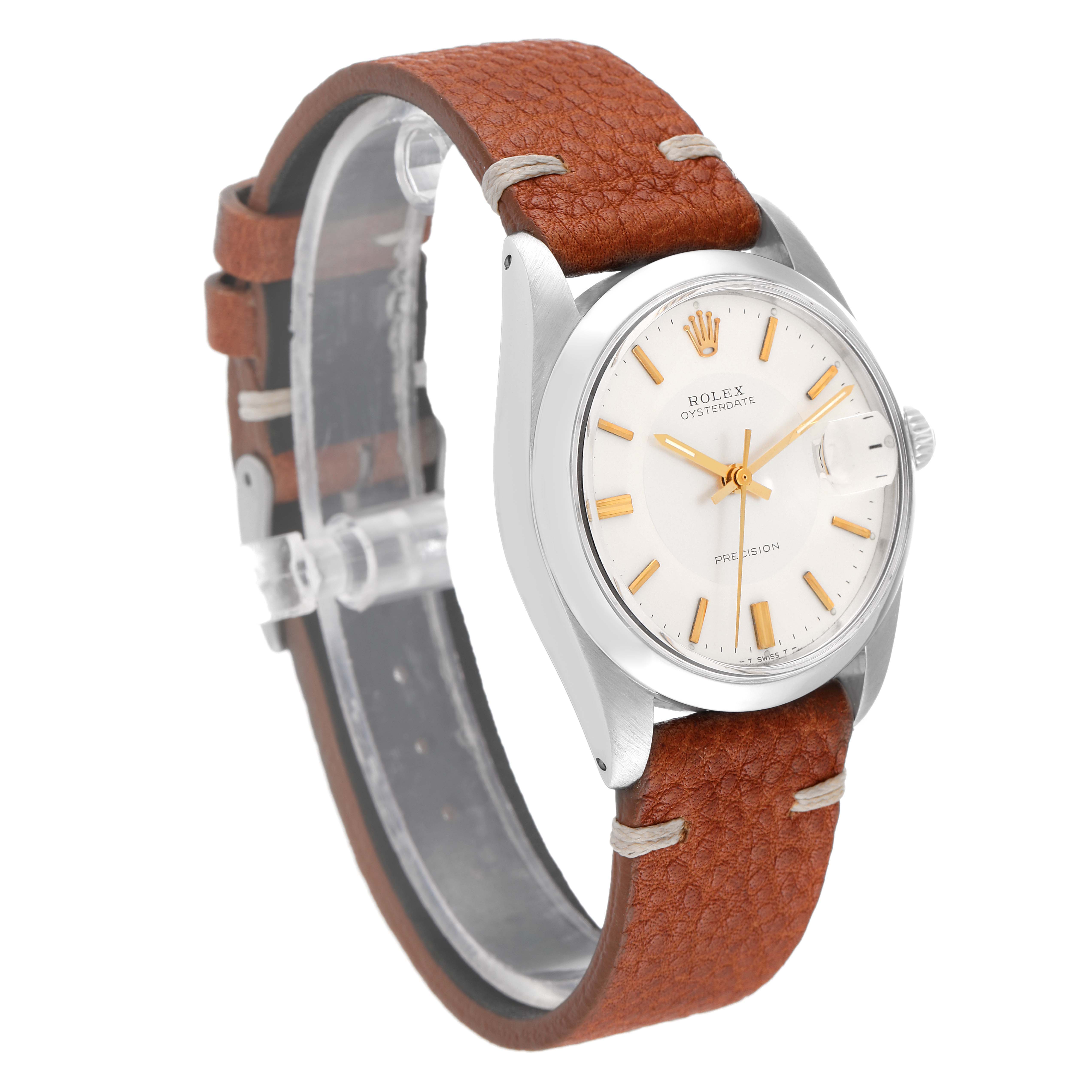 The image shows the front and side of a Rolex Date 6694 Men's Stainless Steel Silver Dial 6694 Men's Stainless Steel Silver Dial model watch with a brown leather strap.