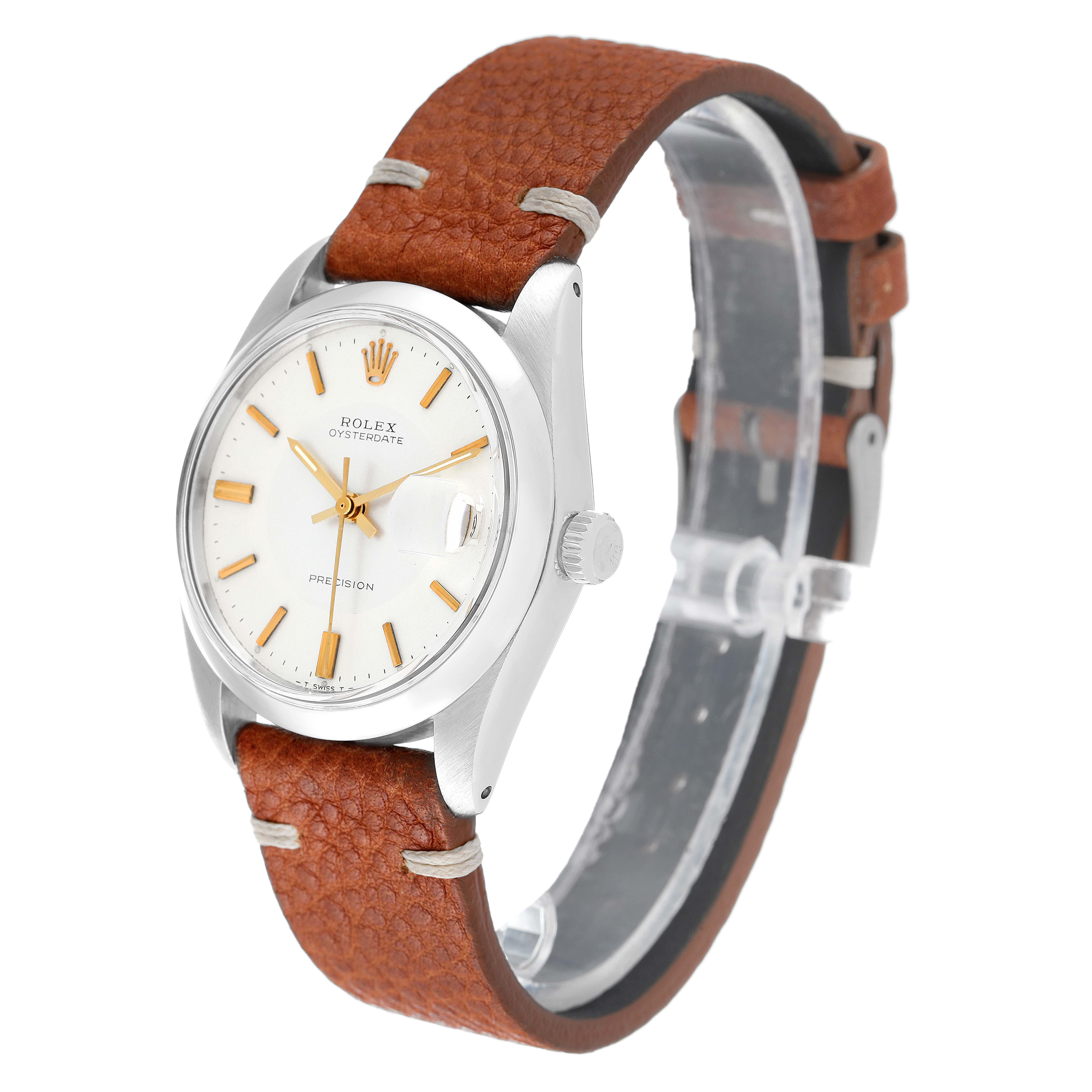 This image shows a Rolex Oysterdate watch model angled to display the face, bezel, and leather strap.