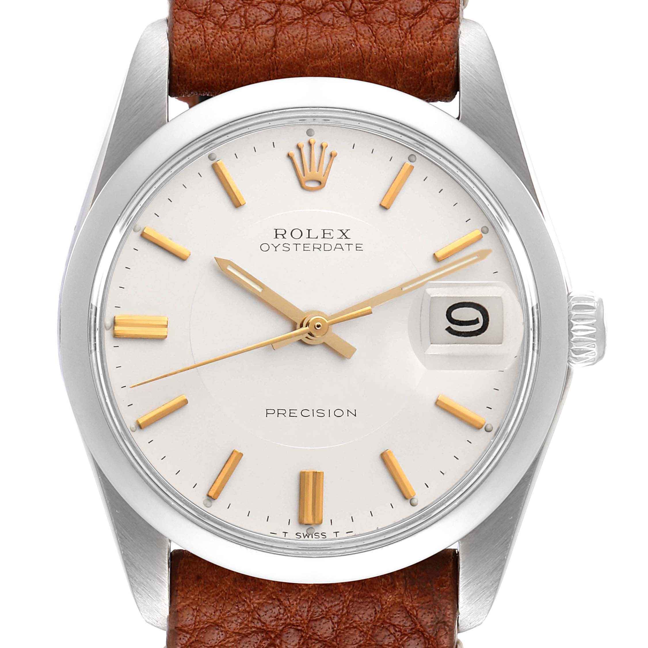 This image shows a front view of the Rolex Date 6694 Men's Stainless Steel Silver Dial 6694 Men's Stainless Steel Silver Dial Oysterdate, displaying its dial, bezel, crown, and brown leather strap.
