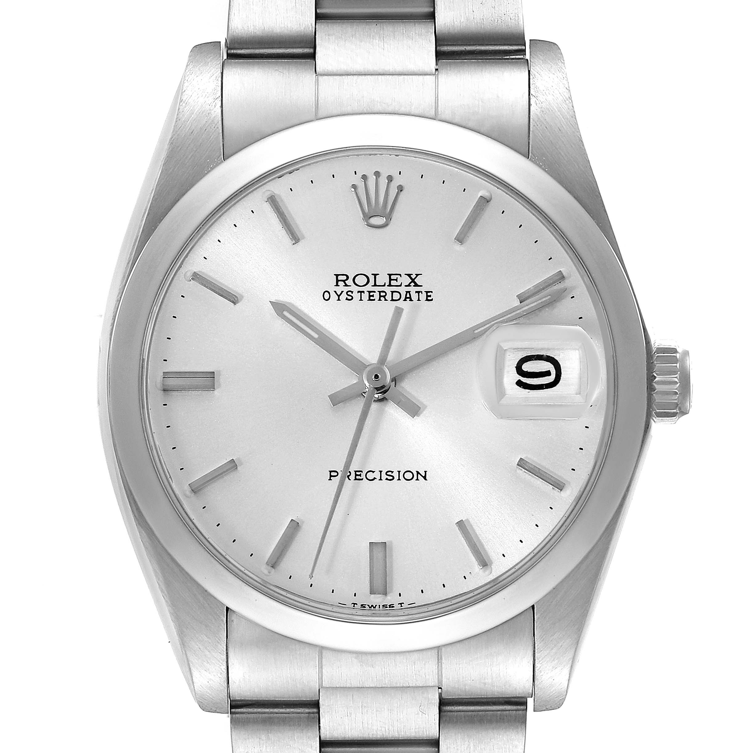 A frontal view of the Rolex Vintage Collection 6694 Men's Stainless Steel Silver Dial 6694 Men's Stainless Steel Silver Dial Oysterdate, showcasing the dial, date window, and bracelet.