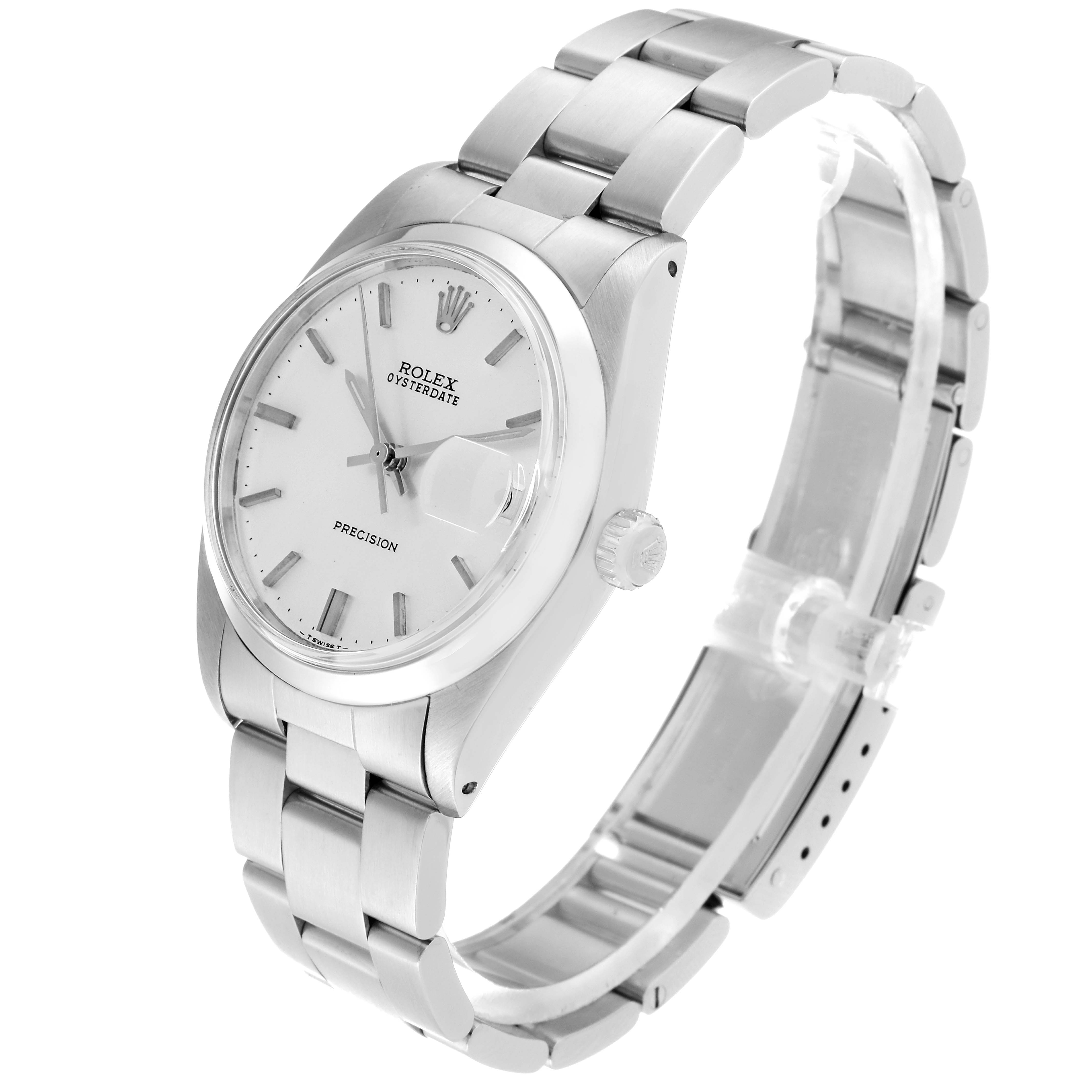 The image shows a side angle view of a Rolex Vintage Collection 6694 Men's Stainless Steel Silver Dial 6694 Men's Stainless Steel Silver Dial watch, featuring its dial, crown, and metal bracelet.