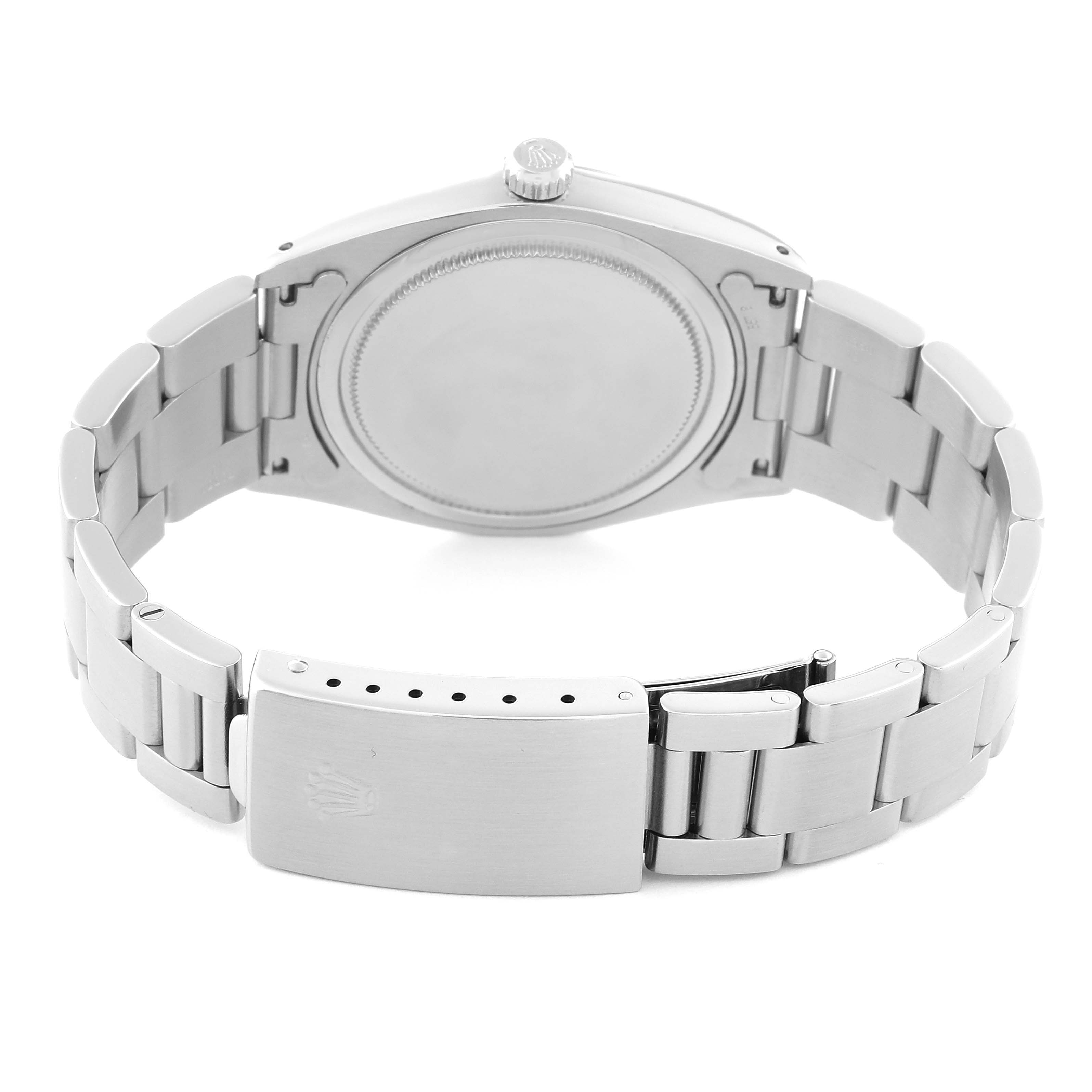 This image shows the back view of the Rolex Vintage Collection 6694 Men's Stainless Steel Silver Dial 6694 Men's Stainless Steel Silver Dial watch, including the case back and clasp.