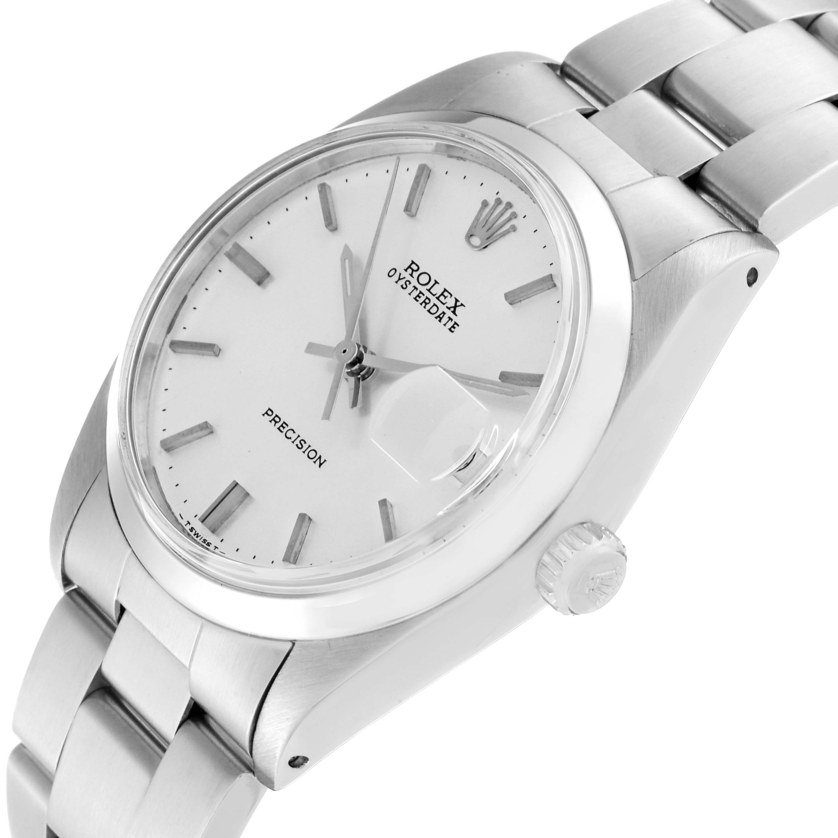 This image shows a close-up, angled view of the Rolex Vintage Collection 6694 Men's Stainless Steel Silver Dial 6694 Men's Stainless Steel Silver Dial watch, highlighting its face, bezel, crown, and bracelet.