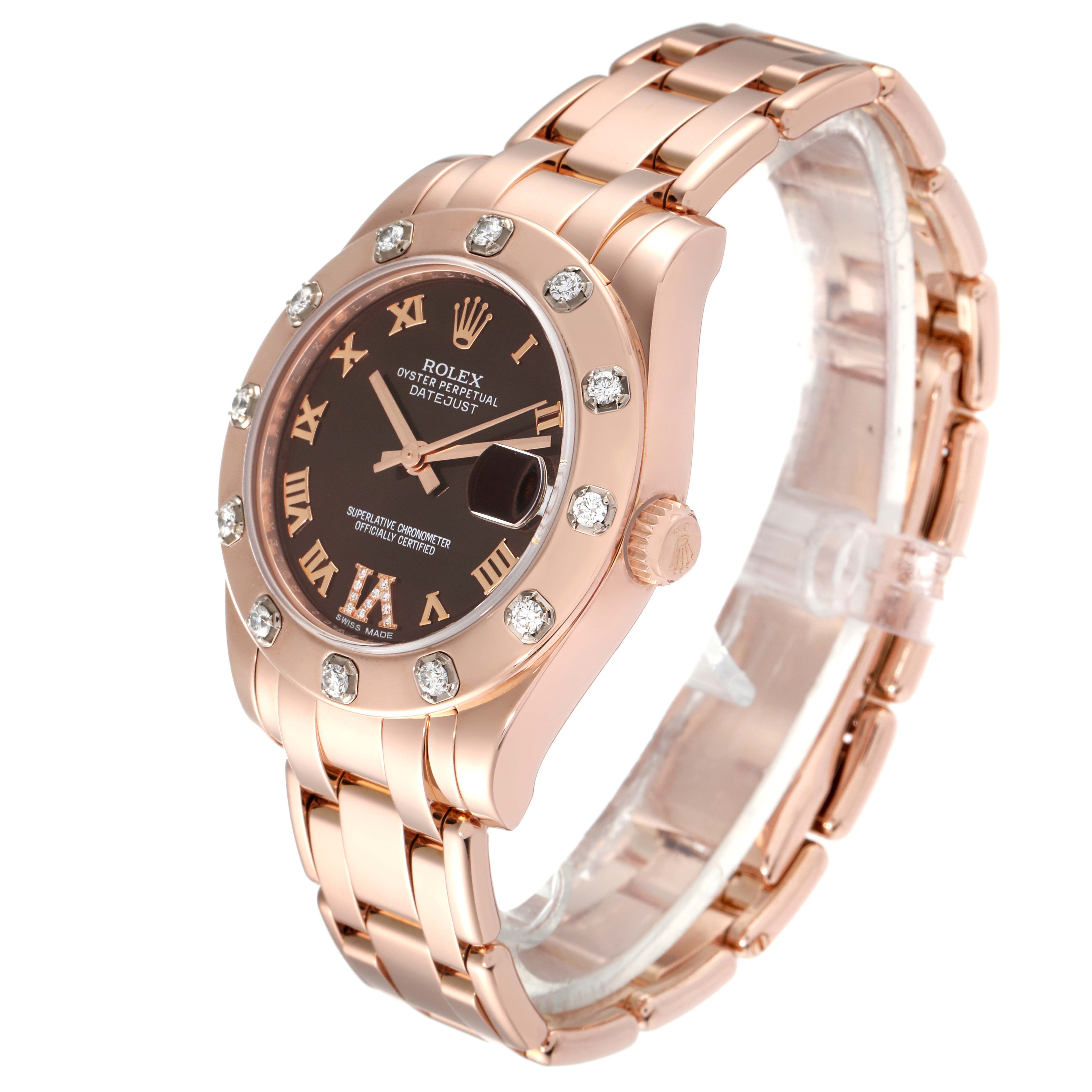 This is a Rolex Pearlmaster 81315 Women
s Rose Gold Brown Dial 81315 Women
s Rose Gold Brown Dial watch, shown from a three-quarter angle highlighting the face, bezel, crown, and band.