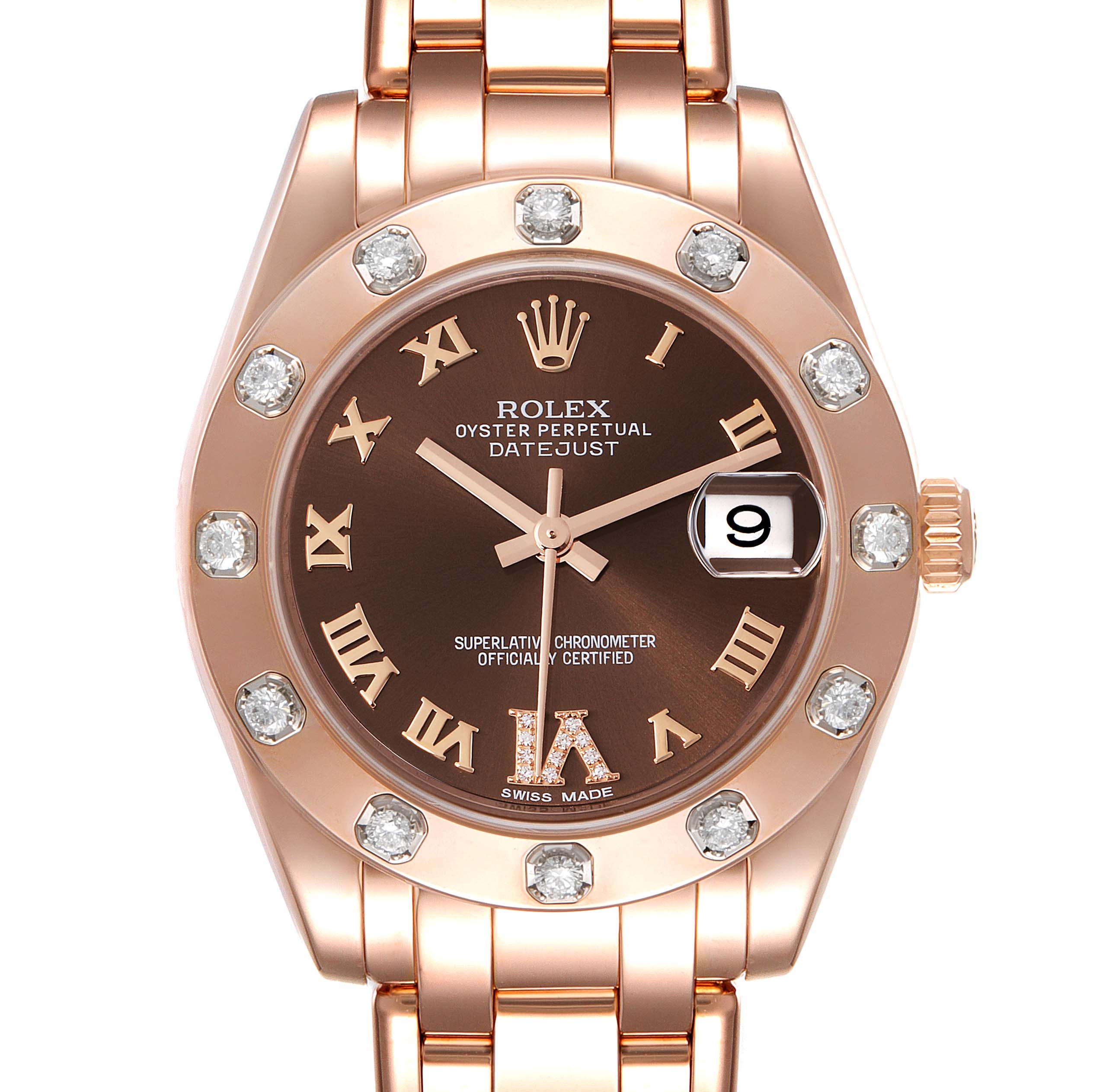 The image shows a frontal view of a Rolex Pearlmaster 81315 Women
s Rose Gold Brown Dial 81315 Women
s Rose Gold Brown Dial watch, highlighting the face, bezel, crown, and part of the bracelet.